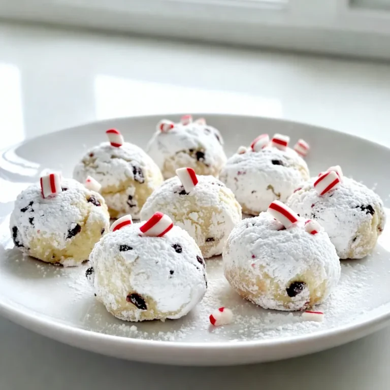 Creating peppermint snowball cookies requires a few simple, yet key ingredients. Each contributes to the unique flavor and texture of this festive treat. - 1 cup unsalted butter, softened - 1/2 cup powdered sugar, plus extra for dusting - 2 teaspoons pure peppermint extract - 2 cups all-purpose flour - 1/4 cup cornstarch - 1/2 teaspoon salt - 1/2 cup crushed peppermint candies or candy canes Using high-quality butter makes a big difference. It adds a rich taste and helps create a light texture. The powdered sugar not only sweetens but also helps the cookies stay tender. Peppermint extract brings a refreshing flavor, perfect for the holidays. All-purpose flour and cornstarch work together to make the cookies soft and delicate. The cornstarch is key here; it helps create that melt-in-your-mouth feel. A pinch of salt balances the sweetness, making every bite delightful. Lastly, the crushed peppermint candies add a fun crunch and bright color. Look for candies that are finely crushed to spread that peppermint goodness evenly. These ingredients come together to create a cookie that is truly festive and flavorful. {{ingredient_image_2}} First, set your oven to 350°F (175°C). This temperature ensures even baking for your cookies. While the oven heats, line a baking sheet with parchment paper. This prevents the cookies from sticking and makes cleanup easy. Next, take 1 cup of softened unsalted butter and place it in a large bowl. Add 1/2 cup of powdered sugar. Use a hand mixer or stand mixer on medium speed. Mix until the blend is light and fluffy, about 2-3 minutes. This step is key for texture, making your cookies tender. In a separate bowl, whisk 2 cups of all-purpose flour, 1/4 cup of cornstarch, and 1/2 teaspoon of salt. Mixing these dry ingredients well helps create a tender cookie. Add this mix to the butter blend gradually. Mix on low speed or by hand. Be careful not to overmix; a few floury spots are okay. Now, fold in 1/2 cup of crushed peppermint candies with a spatula. This gives your cookies a nice crunch. Use a tablespoon or cookie scoop to form small balls, about 1 inch wide. Place them on the prepared baking sheet, leaving 2 inches between each cookie. Bake for 12-15 minutes. The edges should be golden, but the centers should stay soft. Let them cool on the sheet for 5 minutes, then transfer them to a wire rack. Dust with powdered sugar for a snowy finish. To get the right texture for your Peppermint Snowball Cookies, follow these tips: - Use softened butter. This helps create a creamy mixture. - Mix the butter and sugar until light and fluffy. This takes about 2-3 minutes. - Don’t overmix the dough. Stop mixing as soon as the flour is blended in. - Add cornstarch. This ingredient gives the cookies a soft, tender bite. Presenting your cookies can be fun and creative. Here are some ideas: - Dust the cookies with powdered sugar. This gives them a snowy look. - Sprinkle extra crushed peppermint candies on top. This adds a pop of color. - Arrange the cookies on a festive plate. Add a few candy canes as decoration. - Wrap cookies in clear cellophane with a ribbon. They make great gifts! Choosing the right peppermint candy is key for flavor and texture. Here’s how: - Use hard peppermint candies or candy canes. Crush them into small pieces. - Look for candies with a strong peppermint flavor. This enhances the cookie's taste. - Mix the crushed candies into the dough gently. This ensures they spread evenly. - Save some crushed candies for decoration. This adds a festive touch to your cookies. Pro Tips Chill the Dough: For even better texture and flavor, chill the cookie dough in the refrigerator for about 30 minutes before baking. This will help the cookies maintain their shape while baking. Use Fresh Peppermint Extract: Ensure you're using high-quality, pure peppermint extract for the best flavor. It makes a significant difference in the overall taste of the cookies. Experiment with Toppings: Don’t hesitate to get creative with toppings! Consider drizzling melted chocolate over the cookies or adding white chocolate chips for a delightful twist. Storage Tips: Store cookies in an airtight container at room temperature for up to a week. For longer storage, freeze them and thaw as needed. {{image_4}} Want a twist on the classic? Add cocoa powder to the dough. Use 1/3 cup of unsweetened cocoa powder with the flour. This gives your cookies a rich taste. The chocolate and peppermint pair so well together. It creates a festive treat everyone will love. If you need nut-free cookies, you can still enjoy these delights. Use sunflower seed butter instead of regular butter. It has a similar texture and flavor. You can also check the powdered sugar to ensure it is nut-free. This way, everyone can share in the joy of these cookies. For a vegan option, swap out the butter. Use coconut oil or vegan butter. These substitutes work well in cookies. You can also replace the eggs with a flaxseed meal. Mix one tablespoon of flaxseed with three tablespoons of water. Let it sit for a few minutes to thicken. This makes a perfect egg substitute! To keep your peppermint snowball cookies fresh, store them in an airtight container. This helps lock in moisture and flavor. If you stack the cookies, add parchment paper between layers. This prevents them from sticking together. Keep the container at room temperature, away from heat and light. Freezing cookies is easy! First, let the cookies cool completely. Then, place them on a baking sheet in a single layer. Freeze for about an hour until solid. Once frozen, transfer the cookies to a freezer-safe bag. Remove air before sealing the bag. To thaw, leave the cookies at room temperature for about 30 minutes. They will taste just as good as fresh! Peppermint snowball cookies last about one week at room temperature. If you freeze them, they can last for up to three months. Just remember to keep them sealed tight to maintain flavor and texture. Enjoy these festive treats for a long time! Yes, you can! If you want to switch things up, try using vanilla extract or almond extract. These flavors add a unique twist. You might also enjoy using orange extract for a bright citrus note. Each extract will change the taste a bit, but they all work well in cookies. Look for a few signs. First, check the edges; they should be lightly golden. The center should still feel a bit soft. If the edges are brown and the center feels firm, they are overbaked. Remember, they will firm up as they cool. You have many options for leftover crushed peppermint. Sprinkle it on hot cocoa or coffee for a festive twist. Mix it into ice cream for a minty dessert. You can also use it in homemade brownies or fudge. The mint adds a nice crunch and flavor! You learned how to make delicious peppermint cookies. We covered the ingredients, steps, and tips for success. I shared fun variations and storage tips to keep your cookies fresh. These cookies are perfect for any occasion. They are easy to customize with different flavors or decorations. Enjoy your baking and delight your family and friends with these treats. Your cookies can be a hit at any gathering.
