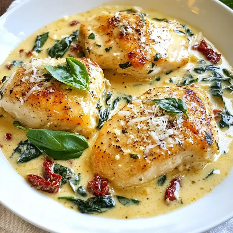 - 4 boneless, skinless chicken breasts - Salt and freshly ground pepper - 2 tablespoons extra virgin olive oil - 4 cloves garlic, finely minced - 1 cup heavy cream - 1 cup low-sodium chicken broth - 1 cup sun-dried tomatoes, roughly chopped - 2 cups fresh spinach, roughly chopped - 1 teaspoon Italian seasoning blend - ½ cup grated Parmesan cheese - Fresh basil leaves for garnish The main ingredients create a solid base for the dish. The chicken breasts are lean and cook up tender. Salt and pepper enhance their natural flavor. Olive oil adds richness and helps in browning the chicken. Garlic brings a punch of flavor; the more you mince, the better it infuses into the dish. The creamy sauce ingredients transform the dish into a comforting meal. Heavy cream gives the sauce its rich texture. Chicken broth adds depth. Sun-dried tomatoes burst with flavor, while spinach brings freshness and color. The Italian seasoning blend ties it all together. Parmesan cheese thickens the sauce and adds a salty note. Fresh basil leaves finish the dish with a lovely aroma. Using these ingredients, you can create a dish that feels fancy yet is simple enough for a weeknight dinner. Enjoy the cooking! {{ingredient_image_2}} Start by seasoning both sides of the chicken breasts with salt and pepper. Use enough to bring out the chicken's flavor. Next, heat olive oil in a large skillet over medium-high heat. When the oil shimmers, carefully place the chicken in the skillet. Cook each side for about 6-7 minutes until golden brown. The chicken should reach an internal temperature of 165°F. Once done, take the chicken out and set it aside on a plate. Now, lower the heat to medium. Add the minced garlic to the same skillet. Sauté for about 1 minute, just until fragrant. Be careful not to let it brown, as it can taste bitter. Next, pour in the chicken broth and heavy cream. Whisk them together until smooth. Increase the heat slightly and let it simmer gently. After a minute, add the chopped sun-dried tomatoes and Italian seasoning. Stir well and let it simmer for 2-3 minutes to blend the flavors. Gradually whisk in the grated Parmesan cheese. This will make the sauce creamy and rich. Toss in the fresh spinach and cook for 1-2 minutes until it wilts. The spinach should stay bright green. Now, return the cooked chicken to the skillet. Spoon the creamy sauce over it to coat well. Let it simmer for another 2-3 minutes for the flavors to meld. Taste the sauce and adjust the seasoning with more salt or pepper if needed. Serve your chicken hot, garnished with fresh basil leaves for a lovely finish. - For juicy chicken, start with room temperature breasts. This helps them cook evenly. - Season both sides well with salt and pepper. This boosts the chicken's flavor. - Use a heavy skillet or cast iron pan. It holds heat well and gives nice browning. - Add fresh herbs like thyme or oregano for a bright taste. - To adjust sauce thickness, let it simmer longer. A quick addition of cornstarch can help too. - For a kick, try adding a pinch of red pepper flakes. This gives it a nice warmth. - Serve with pasta or rice to soak up the sauce. It makes for a hearty meal. - For a fresh touch, add a side salad with a light vinaigrette. - Plate the chicken over the carbs and drizzle sauce on top. Add extra basil and Parmesan for a great look. Pro Tips Perfectly Cooked Chicken: Use a meat thermometer to ensure your chicken reaches an internal temperature of 165°F (75°C) for optimal safety and juiciness. Garlic Flavor Boost: For a deeper garlic flavor, add the minced garlic to the oil before cooking the chicken. This infuses the oil and enhances the overall dish. Custom Creaminess: Adjust the amount of heavy cream based on your preference for creaminess. For a lighter version, substitute half of the heavy cream with low-fat milk. Fresh Spinach Substitute: If fresh spinach is unavailable, you can use frozen spinach. Just be sure to thaw and drain it well before adding to the sauce. {{image_4}} You can change the protein in this dish. Shrimp works well too. Tofu is a great choice for a plant-based option. Both will soak up the creamy sauce nicely. For veggies, try bell peppers or zucchini. They add color and crunch. You can also toss in some mushrooms for extra flavor. Want to spice things up? Try adding some red pepper flakes. They give a kick to the sauce. You can also use fresh herbs like thyme or rosemary for added depth. Another great idea is to add a splash of white wine. This enhances the sauce's flavor. Just let it simmer to cook off the alcohol. If you need a gluten-free dish, use gluten-free pasta or rice. This makes it safe for those with gluten allergies. For a dairy-free version, use coconut cream instead of heavy cream. Nutritional yeast can replace Parmesan cheese, giving a cheesy flavor without dairy. To keep your creamy garlic Tuscan chicken fresh, place it in an airtight container. Store it in the fridge right away. This dish lasts for about 3 to 4 days. Always let it cool down before sealing. This helps prevent condensation inside the container. When you are ready to reheat, use a skillet over low heat. This keeps the chicken moist. Stir the sauce gently to keep it creamy. You can also microwave it, but do so in short bursts. Check the dish often to avoid overcooking. If you want to freeze the dish, let it cool completely first. Place it in a freezer-safe container. It will stay good for about 2 to 3 months. When ready to eat, thaw it overnight in the fridge. Reheat it slowly on the stove for the best texture. Yes, you can use frozen chicken breasts. However, thaw them first. This helps them cook evenly. You can thaw the chicken in the fridge overnight or use the microwave's defrost setting. Cooking from frozen can result in uneven doneness, which is not safe. If you need a substitute for heavy cream, try using half-and-half. You can also blend 1 cup of milk with 2 tablespoons of melted butter. This gives a similar texture, though it may not be as thick. Another option is coconut cream for a dairy-free approach. This recipe is not spicy. It uses garlic and Italian seasoning, which add flavor without heat. If you want a kick, add red pepper flakes to the sauce. Start with a small amount, and adjust to your taste. You can prepare the chicken and sauce ahead of time. Cook everything and store it in the fridge. When you are ready to eat, reheat gently on the stove. This keeps the chicken juicy and the sauce creamy. A white wine pairs best with this dish. Look for a Chardonnay or Sauvignon Blanc. These wines enhance the rich flavors of the creamy sauce. If you prefer red, try a light Pinot Noir. Enjoy your meal with a lovely glass! This blog post shared a simple and tasty recipe for Creamy Garlic Tuscan Chicken. We covered main ingredients, step-by-step cooking, and tips for great flavor. I also explored variations to fit your needs and provided storage information for leftovers. With this guide, you can easily make a meal your family will love. Try this dish and enjoy the blend of flavors. Cooking can be fun and rewarding!
