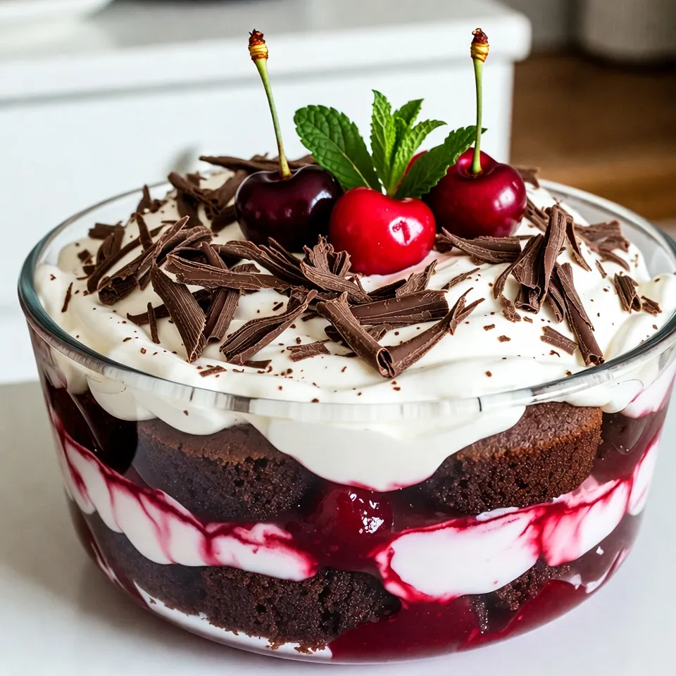 To make a delicious Black Forest Christmas Trifle, you'll need: - 1 box chocolate cake mix (plus eggs, oil, and water as per the package) - 3 cups heavy cream - 1 cup powdered sugar - 1 teaspoon pure vanilla extract - 2 cups cherry pie filling (preferably sweetened) - 1 cup dark chocolate shavings or finely grated chocolate These ingredients create a rich and creamy dessert. The chocolate cake offers a moist base, while the whipped cream adds lightness. The cherry pie filling brings a sweet and tart flavor that balances the chocolate. To make your trifle even more special, consider these garnishes: - Fresh cherries for a pop of color - Fresh mint leaves for a touch of green These garnishes not only look great but also enhance the flavor. You can add them right before serving for the best appearance. If you need substitutions, here are some ideas: - Use gluten-free cake mix for a gluten-free option. - Swap heavy cream for coconut cream for a dairy-free version. - Choose a sugar substitute if you want a lower-sugar treat. These options help you cater to different dietary needs while keeping the trifle tasty. Always read labels to ensure your substitutes work well together. {{ingredient_image_2}} To start, preheat your oven as the cake mix box tells you to. Prepare the chocolate cake batter according to the package instructions. Pour the batter evenly into two greased 9-inch round cake pans. Bake until a toothpick inserted into the center comes out clean. This usually takes about 25-30 minutes. Once done, let the cakes cool completely in the pans on a wire rack. This cooling time is important for easy handling later. Next, grab a large mixing bowl. Add 3 cups of heavy cream, 1 cup of powdered sugar, and 1 teaspoon of pure vanilla extract. Using an electric mixer, beat this mixture on medium speed. Whip until soft peaks form, but be careful not to overwhip. Reserve 1 cup of the whipped cream for the topping. This step makes the trifle creamy and light. Now it’s time to layer the trifle. Carefully remove the cooled cakes from the pans. Use a serrated knife to slice each cake in half horizontally, creating four layers in total. Choose a large trifle dish or individual dessert cups. Start with one layer of chocolate cake at the bottom. Spread a layer of cherry pie filling on top, covering the cake evenly. Follow this with a layer of whipped cream. Repeat this process with the remaining layers, finishing with a generous layer of whipped cream on top. For a lovely finish, sprinkle dark chocolate shavings on top. You can also add fresh cherries and mint leaves if you like. Cover the trifle loosely with plastic wrap or foil and chill in the fridge for at least 1 hour. For the best flavor, allow it to chill for up to 4 hours before serving. To make smooth whipped cream, start with cold heavy cream. Use a large bowl for mixing. Combine the cream, powdered sugar, and vanilla extract. Whip on medium speed until soft peaks form. Avoid overwhipping, as it can turn grainy. If you want it sweeter, add more sugar to taste. When layering your trifle, use clear glass dishes. This way, you can see the beautiful layers. Start with cake on the bottom. Add cherry filling on top, then whipped cream. Repeat this until you reach the top. Finish with a generous layer of whipped cream. Top with chocolate shavings for flair. To save time, you can prepare your trifle a day in advance. Bake the chocolate cake and whip the cream ahead of time. Store them in the fridge. Assemble the trifle the day you plan to serve it. This keeps the layers fresh and tasty. Chilling it for a few hours helps the flavors blend. Pro Tips Use Quality Ingredients: The flavor of your trifle heavily relies on the quality of the chocolate cake and cherry filling. Opt for high-quality chocolate and fresh cherries for the best results. Chill for Flavor: Allowing the assembled trifle to chill for several hours helps the flavors meld together beautifully, enhancing the overall taste. Layering Technique: Ensure even layers by using a spatula to spread the cherry filling and whipped cream. This will create a visually appealing and balanced trifle. Presentation Matters: Serve in clear glass containers to showcase the delicious layers of your trifle. Garnishing with fresh mint leaves and cherries adds a lovely touch. {{image_4}} You can change up the chocolate cake if you want. Try using a brownie mix for a richer base. A moist chocolate sponge cake works great too. For a lighter touch, consider using a vanilla or yellow cake. Each option brings its own flavor and texture to the trifle. While cherries are traditional, other fruits can shine here. Sliced strawberries or raspberries add a fresh twist. You could also use blueberries for a pop of color. Mixing fruits can create a fun fruity surprise in every bite. Just remember to adjust the sweetness based on the fruit you choose. For a gluten-free trifle, use a gluten-free chocolate cake mix. You can also make your own cake using almond flour or coconut flour. If you want a vegan version, swap eggs and dairy. Use a flax egg for binding and coconut cream for the whipped topping. These swaps keep the trifle tasty and enjoyable for everyone. Store your Black Forest Christmas Trifle in the fridge. Use a clear, airtight container. This keeps the trifle fresh and safe. If you use a dish, cover it loosely with plastic wrap. Avoid pressing the wrap on top of the whipped cream. The trifle stays good for up to three days in the fridge. After that, the cake may get soggy. The cream can lose its fluffiness too. Always check for any signs of spoilage before serving. If you need to reassemble, carefully layer the trifle again. Start with the cake pieces, then add the cherry filling and cream. You can also freshen the top with more chocolate shavings. This gives it a nice touch before serving. Yes, you can use store-bought chocolate cake. It saves time and effort. Just choose a moist cake for the best taste. Slice the cake into layers, just like you would with homemade cake. This option works well if you want to enjoy the trifle without baking. Making cherry pie filling is easy! You need fresh or frozen cherries. Cook them with some sugar and a bit of cornstarch to thicken. Here’s a quick recipe: - 2 cups pitted cherries - 1 cup sugar - 2 tablespoons cornstarch - 1 cup water - 1 tablespoon lemon juice In a pot, mix cherries, sugar, cornstarch, and water. Cook over medium heat until it thickens. Add lemon juice for flavor. Let it cool before using in your trifle. For the best presentation, use clear glass dishes. This shows off the pretty layers of cake, cherries, and cream. You can serve in a large trifle bowl or individual cups. It looks charming and makes serving easy. Garnish with dark chocolate shavings, fresh cherries, and mint leaves for a festive touch. This article covered how to create a Black Forest Christmas Trifle. We discussed key ingredients, step-by-step instructions, and tips for success. You learned about baking, layering, and garnishing your trifle. I shared options for different diets and how to store your tasty treat. In the end, making this trifle is fun and festive. You can impress your guests and enjoy a classic dessert. Try out the tips and variations to make it your own. Happy baking!