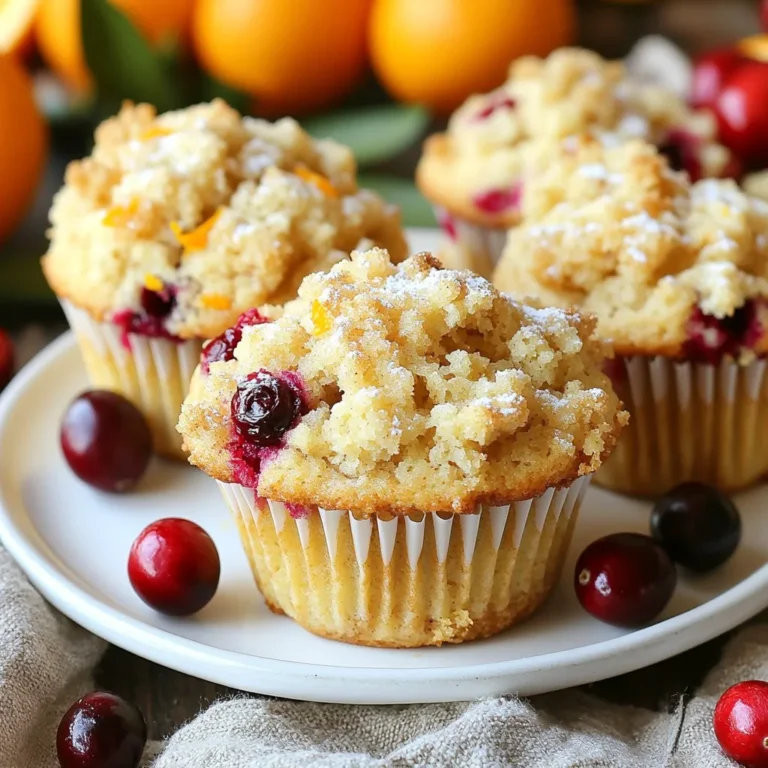 To make Cranberry Orange Crumb Muffins, gather these items: - 1 ½ cups all-purpose flour - 1 teaspoon baking powder - ½ teaspoon baking soda - ½ teaspoon salt - ½ teaspoon ground cinnamon - ½ cup granulated sugar - Zest of 1 orange - ½ cup unsalted butter, melted and cooled - 2 large eggs - ½ cup orange juice (preferably freshly squeezed) - 1 cup fresh or frozen cranberries (chopped if large) - ½ cup oats - ¼ cup brown sugar You can make some swaps if you need to. If you want a gluten-free option, use almond or coconut flour. For butter, try coconut oil or vegetable oil. If you lack fresh cranberries, use dried ones. Just chop them up. For orange juice, lemon juice works well too. Sweeten with honey or maple syrup if you want. Each muffin offers a tasty balance of flavors. Here’s a rough breakdown per muffin: - Calories: 180 - Total Fat: 8g - Saturated Fat: 4g - Carbohydrates: 26g - Fiber: 1g - Sugars: 10g - Protein: 3g These muffins are a great treat. They provide a burst of flavor and energy. Enjoy them warm or at room temperature. {{ingredient_image_2}} 1. Preheat your oven to 375°F (190°C). This is the perfect temperature for baking. 2. Line a muffin tin with paper liners or grease it lightly. This helps the muffins pop out easily. 3. In a large bowl, mix the flour, baking powder, baking soda, salt, cinnamon, sugar, and orange zest. Stir until everything blends well. 4. In another bowl, whisk together the melted butter, eggs, and orange juice. Make sure this mixture is smooth. 5. Pour the wet mix into the dry mix. Stir gently until just combined. A few lumps are okay. 6. Fold in the cranberries, distributing them evenly. Be gentle so they don’t break apart. 7. In a small bowl, combine the oats and brown sugar. This will be the crumb topping. 8. Use a spoon or ice cream scoop to fill each muffin cup about two-thirds full. 9. Sprinkle the oat and brown sugar mixture on top of each muffin. This adds a tasty crunch. 10. Bake in the preheated oven for 18-20 minutes. Keep an eye on them as they bake. 11. Check if the muffins are ready by inserting a toothpick into the center. If it comes out clean or with just a few moist crumbs, they are done. 12. Remove the muffins from the oven and let them cool in the pan for about 5 minutes. 13. Transfer them to a wire rack and let them cool completely before serving. These steps ensure your cranberry orange crumb muffins turn out perfectly every time! To keep your muffins moist, use melted butter instead of oil. Butter adds flavor and richness. Also, don’t overmix your batter. Mix until just combined; lumps are okay. Adding yogurt or sour cream can help too. These ingredients add moisture without making the muffins too dense. One common mistake is using old baking powder or baking soda. Always check the dates on your baking supplies. Another mistake is filling the muffin cups too full. If you fill them beyond two-thirds, they may overflow. Lastly, avoid skipping the crumb topping. It adds crunch and flavor that make the muffins special. For a great crumb topping, mix oats with brown sugar. This combination gives a nice texture. Use cold butter and cut it in until it looks like sand. This helps create that perfect crumble. Don’t forget to sprinkle it generously on top before baking. It makes your muffins look and taste amazing! Pro Tips Use Fresh Cranberries: Fresh cranberries will give your muffins a vibrant flavor and a pleasing texture. If using frozen, do not thaw them beforehand to avoid excess moisture. Don't Overmix: To achieve light and fluffy muffins, mix the batter until just combined. A few lumps are okay; overmixing can lead to dense muffins. Room Temperature Ingredients: Ensure your eggs and butter are at room temperature for better emulsification, leading to a smoother batter and more uniform muffins. Experiment with Spices: Feel free to enhance the flavor by adding nutmeg or ginger along with the cinnamon for an extra layer of warmth and aroma. {{image_4}} You can enhance your cranberry orange crumb muffins with different ingredients. Adding nuts like walnuts or pecans gives a nice crunch. Chocolate chips can also be a fun choice. They add a sweet touch that pairs well with the tart cranberries. If you want a bit of spice, try adding some chopped ginger or even some dried fruit. Mix and match to find your favorite combo! If you need a gluten-free option, you can easily swap the all-purpose flour. Use a gluten-free flour blend instead. Make sure it has xanthan gum for the best results. Also, check that your baking powder and other ingredients are gluten-free. This way, everyone can enjoy these tasty muffins without worry. Seasonal flavors can make these muffins even more special. In spring, try a lemon twist by adding lemon zest and juice. In fall, pumpkin can be a delightful addition. Replace part of the orange juice with pure pumpkin puree. This adds moisture and a warm flavor that feels cozy. Each season has a unique taste to bring to this recipe. Explore and enjoy the variety! You can keep your muffins fresh by storing them in an airtight container. This helps them stay moist. Place them at room temperature for up to three days. If you live in a humid area, store them in the fridge. This will help prevent mold. Just remember that the fridge can dry them out a bit. To freeze your muffins, let them cool completely first. Wrap each muffin tightly in plastic wrap. Then, place the wrapped muffins in a freezer bag. They can last up to three months in the freezer. When you’re ready to enjoy them, just take out what you need. To reheat your muffins, you have a few options. If you want them warm and soft, use the microwave. Heat them for about 15-20 seconds. For a crispy top, use the oven. Preheat it to 350°F (175°C) and heat for 5-10 minutes. Enjoy your muffins just like they were fresh out of the oven! Yes, you can use frozen cranberries in these muffins. They add great flavor and texture. Just chop them if they are large. There’s no need to thaw them first. They will bake well right from the freezer. If you don’t have orange juice, try using apple juice or lemon juice. Both will work well, but they change the flavor slightly. You can also use a mix of water and a bit of sugar for a neutral flavor. These muffins stay fresh for about 2-3 days at room temperature. Keep them in an airtight container to maintain their softness. If you need them to last longer, store them in the fridge for up to a week. We explored muffin making, starting with key ingredients and their swaps. I shared step-by-step instructions for foolproof baking. You learned tips for moist muffins and common mistakes to avoid. We also covered fun mix-ins, gluten-free options, and seasonal flavors to try. Finally, I provided storage tips and answered common questions. Now, you can bake tasty muffins with ease. Enjoy sharing your creations!