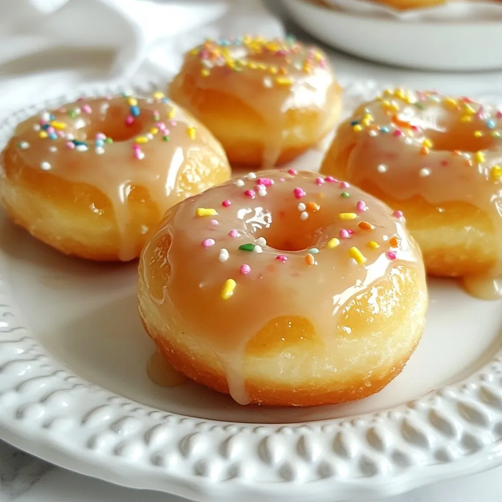 - 1 cup sweet rice flour (Mochiko) - 1/4 cup granulated sugar - 1/2 teaspoon baking powder - 1/2 cup milk (dairy or non-dairy) - 1 large egg - 1 teaspoon pure vanilla extract - 1/4 cup melted coconut oil (or unsalted butter) - 1/4 cup powdered sugar (for glaze) - 2 tablespoons water (for glaze) - Optional food coloring (for a fun and vibrant glaze) - Optional sprinkles (to add a festive touch) Sweet rice flour, or Mochiko, gives the doughnuts their chewy texture. It’s essential for that mochi feel. Granulated sugar adds sweetness, while baking powder helps them rise. You can use any milk, whether it’s dairy or a non-dairy option. The large egg binds everything together. Pure vanilla extract adds a lovely flavor. Melted coconut oil or unsalted butter keeps the doughnuts moist and rich. For the glaze, mix powdered sugar with water. You can add food coloring and sprinkles for fun and flair. This simple list of ingredients makes it easy to whip up these delightful treats. You can even customize them based on what you have at home! {{ingredient_image_2}} First, you need to preheat your oven to 350°F (175°C). This helps the doughnuts bake evenly. Next, grease each cavity of your doughnut pan with cooking spray or oil. This step is key! It keeps the doughnuts from sticking. A well-greased pan makes for easy removal. In a large bowl, combine 1 cup of sweet rice flour, 1/4 cup of sugar, and 1/2 teaspoon of baking powder. Whisk these dry ingredients together well. This ensures no lumps remain, which is important for a smooth batter. In a separate bowl, take 1/2 cup of milk, 1 large egg, 1 teaspoon of vanilla extract, and 1/4 cup of melted coconut oil. Whisk these together until smooth. This mix adds flavor and moisture, making your doughnuts soft. Now, pour the wet mixture into the dry ingredients. Stir gently until everything is mixed. Do not overmix! This will keep the doughnuts light and fluffy. Look for a smooth batter with no lumps. Use a spoon or a piping bag to fill each doughnut mold about 3/4 full. This allows space for the doughnuts to rise. Place the filled pan in the oven and bake for 12-15 minutes. They are done when they spring back lightly when pressed. Let the doughnuts cool in the pan for about 5 minutes. Then, transfer them to a wire rack to cool completely. For the glaze, whisk together 1/4 cup of powdered sugar and 2 tablespoons of water until smooth. If you want, add food coloring for fun. Once cool, dip the tops of the doughnuts in the glaze. Let any extra glaze drip off. For a festive touch, add sprinkles right after glazing. Allow the glaze to set for a few minutes before serving. To make the best glazed mochi doughnuts, focus on texture. Avoid overmixing the batter. Mix just until there are no lumps. Overmixing can make your doughnuts tough, not soft. Baking time is also key. Every oven is a bit different. Start checking your doughnuts at 12 minutes. They should spring back when pressed. If they feel too soft, add a couple more minutes. Creating the perfect glaze is simple. Combine powdered sugar and water in a bowl. Whisk until smooth. The glaze should be thick but pourable. If it's too runny, add more sugar. If it's too thick, add a little water. You can customize your glaze too! Add a few drops of food coloring for fun. Or try different flavors by mixing in vanilla or almond extract. Presentation matters! Arrange your glazed doughnuts on a bright platter. For extra fun, use a mix of sprinkles. You can even display them on a tiered stand. This makes them look special. Pair your doughnuts with coffee or tea. The sweet doughnuts balance well with a warm drink. Enjoy them with friends or family for a cozy treat! Pro Tips Use Fresh Ingredients: Always choose fresh eggs and high-quality milk or non-dairy alternatives for the best flavor in your doughnuts. Don’t Overmix: When combining the wet and dry ingredients, mix just until combined to maintain the doughnut's light and fluffy texture. Experiment with Flavors: Add extracts like almond or coconut to the batter for an extra flavor boost, or mix in chocolate chips for a delicious twist. Glaze Variations: Try adding different flavorings or spices to the glaze, such as cocoa powder or cinnamon, for a unique and tasty finish. {{image_4}} You can really get creative with flavor in these mochi doughnuts. Here are some tasty ideas: - Chocolate: Add cocoa powder to the dry mix for a rich taste. - Matcha: Mix in matcha powder for a fun green color and earthy flavor. - Fruit-infused: You can add pureed fruit like banana or strawberry for a fruity twist. Try mixing flavors! You can even do half chocolate and half vanilla for a dual treat. If you have dietary needs, make these doughnuts fit your lifestyle: - Gluten-free: Use sweet rice flour, which is naturally gluten-free. - Vegan: Swap the egg for a flax egg. Mix one tablespoon of ground flaxseed with three tablespoons of water. Let it sit for five minutes to thicken. These options allow everyone to enjoy the doughnuts without worry. The glaze can be a canvas for your creativity. Here are some fun topping ideas: - Chocolate glaze: Melt chocolate and dip the tops for a rich finish. - Coconut flakes: Sprinkle shredded coconut for a tropical touch. - Nuts or seeds: Crushed nuts like almonds or seeds can add crunch. Don't forget to use food coloring for a bright glaze. Sprinkles can add a festive feel too! Store your glazed mochi doughnuts at room temperature. Place them in an airtight container. This helps keep them fresh for a few days. If you refrigerate them, they may become dry. The cool air can take away their soft texture. For the best taste, enjoy them fresh! To freeze glazed doughnuts, let them cool completely first. Wrap each doughnut in plastic wrap. Then, place them in a freezer bag. Make sure to remove as much air as possible. This keeps them from getting freezer burn. They can last up to three months in the freezer. When you’re ready to enjoy, thaw them at room temperature. To reheat leftover doughnuts, use an oven or toaster oven. Preheat it to 350°F (175°C). Place the doughnuts on a baking sheet. Heat them for about 5 to 7 minutes. This warms them up without making them soggy. You can also use a microwave. Heat each doughnut for about 10-15 seconds. Enjoy your warm, tasty treat! Mochiko is a sweet rice flour made from glutinous rice. It gives mochi doughnuts their unique chewy texture. Unlike regular flour, Mochiko absorbs more moisture. This makes the doughnuts soft and delightful. You can find Mochiko in Asian grocery stores or online. It’s key to making these doughnuts special. Using regular flour is possible, but it changes the doughnut's texture. All-purpose flour makes them less chewy. The taste will also differ. If you want the best results, stick to Mochiko. It makes the doughnuts moist and tender. If you must use regular flour, add a bit more milk for moisture. These doughnuts last about two days at room temperature. Keep them in an airtight container. This helps keep them fresh. If you want to store them longer, put them in the fridge. They may harden, but you can warm them up later for a soft bite. You can find glazed mochi doughnuts in some Asian bakeries. Many grocery stores also carry them now. Check the bakery section for fresh options. If you want something quick, look online for delivery. Many shops offer them fresh and ready to enjoy. Yes, you can make these doughnuts ahead of time. Bake them and let them cool. Store them in an airtight container. You can glaze them right before serving. This keeps the glaze fresh and shiny. If you want to freeze them, do so before glazing. Just remember to thaw them before glazing. In this post, we explored how to make delicious glazed mochi doughnuts. We covered essential ingredients, step-by-step instructions, and expert tips. You learned about variations and how to store your doughnuts properly. These tasty treats are fun to make and can please anyone. Experiment with different flavors and toppings to make them your own. Now, get in the kitchen, and enjoy your doughnut-making journey!