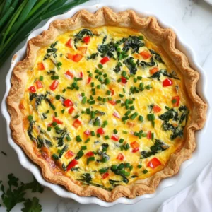 - 1 &frac12; cups all-purpose flour - &frac12; teaspoon salt - &frac12; cup unsalted butter, cold and cut into small cubes - 4-6 tablespoons ice water - 4 large eggs - 1 cup heavy cream - 1 cup milk - 1 cup shredded cheese (Gruy&egrave;re or cheddar) - 1 cup cooked spinach, thoroughly drained and chopped - &frac12; cup diced bell peppers (mix of red and green for color) - &frac14; cup finely chopped onion - Salt and pepper to taste - A pinch of nutmeg (optional) When making this quiche, you need fresh, quality ingredients. For the crust, start with all-purpose flour and salt. The cold butter is key; it adds flakiness. You can cut it into the flour using a pastry cutter or your fingers. This creates little bits of butter mixed with the flour. Next, we need ice water. Adding this helps the dough come together. Start with four tablespoons and add more if needed. Don&rsquo;t overmix; you want a tender crust. For the filling, gather eggs, heavy cream, and milk. These create a rich base. The cheese gives flavor and creaminess. Gruy&egrave;re or cheddar works well, but you can choose your favorite. Then, add cooked spinach for color and nutrition. Diced bell peppers and chopped onion add texture and taste. Season with salt, pepper, and nutmeg for depth. This combination makes a well-balanced filling that everyone will love. {{ingredient_image_2}} 1. Mixing dry ingredients: Start by placing 1 &frac12; cups of all-purpose flour and &frac12; teaspoon of salt in a large bowl. Use a whisk to mix them well. This step is key for a balanced flavor. 2. Incorporating butter: Cut &frac12; cup of cold, unsalted butter into small cubes. Add the butter to the flour mix. Use a pastry cutter or your fingers to blend until it looks like coarse crumbs. You want to see pea-sized pieces of butter. 3. Adding ice water: Gradually pour in 4-6 tablespoons of ice water. Start with 4 tablespoons. Mix gently after each addition until the dough holds together. Avoid overmixing to keep it tender and flaky. 1. Whisking egg mixture: In a large bowl, whisk together 4 large eggs, 1 cup of heavy cream, and 1 cup of milk. Make sure everything is well combined. This mixture gives your quiche its creamy texture. 2. Incorporating cheese and vegetables: Stir in 1 cup of shredded cheese (Gruy&egrave;re or cheddar), 1 cup of cooked spinach (drained and chopped), &frac12; cup of diced bell peppers, and &frac14; cup of finely chopped onion. Mix well to ensure even flavor. 1. Rolling out dough: On a floured surface, roll the chilled dough into a circle about 1/8 inch thick. Carefully place it in a 9-inch pie plate. Press it gently to fit, leaving a slight overhang. 2. Pouring filling into crust: Pour the egg and vegetable mixture into the prepared crust. Use a spatula to spread it evenly. 3. Baking time and temperature: Preheat your oven to 375&deg;F (190&deg;C). Bake for 35-40 minutes. The quiche should be golden and slightly puffed in the center. Let it cool for 10 minutes before slicing. To get that perfect flaky crust, start with cold ingredients. Use cold butter, and don't let it sit out. The cold butter creates pockets of steam during baking, which makes the crust flaky. If your butter is warm, your crust may turn out dense and tough. Also, avoid overmixing. Mix just until the dough holds together. This keeps the crust tender and light. To spice up your quiche, consider adding herbs and spices. Fresh herbs like thyme or basil elevate the flavors. You can also use spices like paprika or garlic powder for a kick. For cheese, Gruy&egrave;re and cheddar are great, but don&rsquo;t stop there. Try feta, goat cheese, or even creamy ricotta to mix things up. Each cheese adds its own unique taste and texture. Make your quiche shine by garnishing it. Fresh herbs like chives or parsley add color and taste. You can arrange your quiche slices on a pretty platter to impress your guests. Pair it with a light green salad dressed in vinaigrette. This adds freshness and balances the rich flavors of the quiche. Enjoying these elements together makes for a delightful meal! Pro Tips Chill Your Ingredients: Keeping the butter and water cold is crucial for a flaky crust. It prevents the butter from melting into the flour too quickly, ensuring the desired texture. Don't Overmix: When forming the dough, mix just until it comes together. Overmixing can develop gluten, resulting in a tough crust instead of a tender one. Use a Blind Bake: If you want a crisper crust, consider blind baking the crust for about 10 minutes before adding the filling. This prevents sogginess. Experiment with Fillings: Feel free to customize your quiche with different vegetables, meats, or cheeses based on your preferences or what you have on hand. The possibilities are endless! {{image_4}} You can change the cheese for a new taste. Feta cheese adds a tangy kick. Goat cheese brings creaminess and depth. If you prefer a vegan option, try cashew or almond cheese. These alternatives melt well and keep the dish rich. Seasonal veggies brighten your quiche. Think about adding asparagus in spring or zucchini in summer. For a heartier meal, toss in proteins like crispy bacon or diced ham. These choices add flavor and texture, making your quiche more filling. Try a Mediterranean twist by adding sun-dried tomatoes, olives, and herbs like oregano. This gives a bright, fresh taste. For something spicy, add jalape&ntilde;os and pepper jack cheese for a southwestern flair. This variation adds a fun kick that wakes up your taste buds. To keep your quiche fresh, store it in the fridge. Place the leftover slices in an airtight container. You can also wrap them in plastic wrap. This method helps prevent the quiche from drying out. - Duration of freshness: Your quiche stays good for 3 to 4 days in the fridge. After that, it may lose its taste or texture. Always check for any signs of spoilage before eating. Freezing quiche can be a great way to save it for later. Follow these steps for best results. - Let the quiche cool completely before freezing. - Slice it into individual portions. - Wrap each slice in plastic wrap, followed by aluminum foil. - Place the wrapped slices in a freezer-safe bag or container. This method helps keep the quiche fresh and tasty. - Thawing and reheating techniques: To enjoy frozen quiche, move it to the fridge a day before. This allows it to thaw slowly. When you&rsquo;re ready to eat, preheat your oven to 350&deg;F (175&deg;C). Bake the quiche slices for about 20-25 minutes until heated through. You can also use a microwave for quick reheating, but the oven gives a better texture. To make a gluten-free quiche crust, use gluten-free flour. You can try almond flour or a blend of gluten-free flours. Mix the flour with salt and cold butter, similar to the regular crust. Add ice water slowly until the dough forms. Chill the dough before rolling it out. This method keeps the crust flaky and delicious. Yes, you can prepare the quiche in advance. You can make the crust and filling a day ahead. Store them separately in the fridge. Assemble the quiche just before baking. This way, you keep the crust crisp and fresh. Quiche has a crust, while frittata does not. A frittata is like a baked omelet. It is thicker and uses more eggs than a quiche. Both are great for brunch, but the textures vary. Quiche is creamy and flaky, while frittata is fluffy. Check the quiche after 35 minutes in the oven. The top should be golden brown, and the filling should puff slightly. You can insert a knife into the center. If it comes out clean, your quiche is ready. Let it cool for 10 minutes before slicing. You now have all the key steps to create a delicious quiche. From a classic flaky crust to a savory filling, each part plays a role. Remember to use cold ingredients for that perfect crust. Explore different cheeses and veggies to customize your quiche. Store leftovers properly to keep them fresh. With these tips and variations, you can impress anyone at your next meal. Enjoy the fun of making and sharing your quiche!