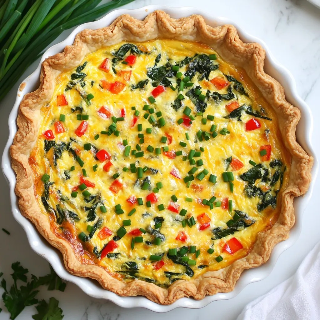 - 1 ½ cups all-purpose flour - ½ teaspoon salt - ½ cup unsalted butter, cold and cut into small cubes - 4-6 tablespoons ice water - 4 large eggs - 1 cup heavy cream - 1 cup milk - 1 cup shredded cheese (Gruyère or cheddar) - 1 cup cooked spinach, thoroughly drained and chopped - ½ cup diced bell peppers (mix of red and green for color) - ¼ cup finely chopped onion - Salt and pepper to taste - A pinch of nutmeg (optional) When making this quiche, you need fresh, quality ingredients. For the crust, start with all-purpose flour and salt. The cold butter is key; it adds flakiness. You can cut it into the flour using a pastry cutter or your fingers. This creates little bits of butter mixed with the flour. Next, we need ice water. Adding this helps the dough come together. Start with four tablespoons and add more if needed. Don’t overmix; you want a tender crust. For the filling, gather eggs, heavy cream, and milk. These create a rich base. The cheese gives flavor and creaminess. Gruyère or cheddar works well, but you can choose your favorite. Then, add cooked spinach for color and nutrition. Diced bell peppers and chopped onion add texture and taste. Season with salt, pepper, and nutmeg for depth. This combination makes a well-balanced filling that everyone will love. {{ingredient_image_2}} 1. Mixing dry ingredients: Start by placing 1 ½ cups of all-purpose flour and ½ teaspoon of salt in a large bowl. Use a whisk to mix them well. This step is key for a balanced flavor. 2. Incorporating butter: Cut ½ cup of cold, unsalted butter into small cubes. Add the butter to the flour mix. Use a pastry cutter or your fingers to blend until it looks like coarse crumbs. You want to see pea-sized pieces of butter. 3. Adding ice water: Gradually pour in 4-6 tablespoons of ice water. Start with 4 tablespoons. Mix gently after each addition until the dough holds together. Avoid overmixing to keep it tender and flaky. 1. Whisking egg mixture: In a large bowl, whisk together 4 large eggs, 1 cup of heavy cream, and 1 cup of milk. Make sure everything is well combined. This mixture gives your quiche its creamy texture. 2. Incorporating cheese and vegetables: Stir in 1 cup of shredded cheese (Gruyère or cheddar), 1 cup of cooked spinach (drained and chopped), ½ cup of diced bell peppers, and ¼ cup of finely chopped onion. Mix well to ensure even flavor. 1. Rolling out dough: On a floured surface, roll the chilled dough into a circle about 1/8 inch thick. Carefully place it in a 9-inch pie plate. Press it gently to fit, leaving a slight overhang. 2. Pouring filling into crust: Pour the egg and vegetable mixture into the prepared crust. Use a spatula to spread it evenly. 3. Baking time and temperature: Preheat your oven to 375°F (190°C). Bake for 35-40 minutes. The quiche should be golden and slightly puffed in the center. Let it cool for 10 minutes before slicing. To get that perfect flaky crust, start with cold ingredients. Use cold butter, and don't let it sit out. The cold butter creates pockets of steam during baking, which makes the crust flaky. If your butter is warm, your crust may turn out dense and tough. Also, avoid overmixing. Mix just until the dough holds together. This keeps the crust tender and light. To spice up your quiche, consider adding herbs and spices. Fresh herbs like thyme or basil elevate the flavors. You can also use spices like paprika or garlic powder for a kick. For cheese, Gruyère and cheddar are great, but don’t stop there. Try feta, goat cheese, or even creamy ricotta to mix things up. Each cheese adds its own unique taste and texture. Make your quiche shine by garnishing it. Fresh herbs like chives or parsley add color and taste. You can arrange your quiche slices on a pretty platter to impress your guests. Pair it with a light green salad dressed in vinaigrette. This adds freshness and balances the rich flavors of the quiche. Enjoying these elements together makes for a delightful meal! Pro Tips Chill Your Ingredients: Keeping the butter and water cold is crucial for a flaky crust. It prevents the butter from melting into the flour too quickly, ensuring the desired texture. Don't Overmix: When forming the dough, mix just until it comes together. Overmixing can develop gluten, resulting in a tough crust instead of a tender one. Use a Blind Bake: If you want a crisper crust, consider blind baking the crust for about 10 minutes before adding the filling. This prevents sogginess. Experiment with Fillings: Feel free to customize your quiche with different vegetables, meats, or cheeses based on your preferences or what you have on hand. The possibilities are endless! {{image_4}} You can change the cheese for a new taste. Feta cheese adds a tangy kick. Goat cheese brings creaminess and depth. If you prefer a vegan option, try cashew or almond cheese. These alternatives melt well and keep the dish rich. Seasonal veggies brighten your quiche. Think about adding asparagus in spring or zucchini in summer. For a heartier meal, toss in proteins like crispy bacon or diced ham. These choices add flavor and texture, making your quiche more filling. Try a Mediterranean twist by adding sun-dried tomatoes, olives, and herbs like oregano. This gives a bright, fresh taste. For something spicy, add jalapeños and pepper jack cheese for a southwestern flair. This variation adds a fun kick that wakes up your taste buds. To keep your quiche fresh, store it in the fridge. Place the leftover slices in an airtight container. You can also wrap them in plastic wrap. This method helps prevent the quiche from drying out. - Duration of freshness: Your quiche stays good for 3 to 4 days in the fridge. After that, it may lose its taste or texture. Always check for any signs of spoilage before eating. Freezing quiche can be a great way to save it for later. Follow these steps for best results. - Let the quiche cool completely before freezing. - Slice it into individual portions. - Wrap each slice in plastic wrap, followed by aluminum foil. - Place the wrapped slices in a freezer-safe bag or container. This method helps keep the quiche fresh and tasty. - Thawing and reheating techniques: To enjoy frozen quiche, move it to the fridge a day before. This allows it to thaw slowly. When you’re ready to eat, preheat your oven to 350°F (175°C). Bake the quiche slices for about 20-25 minutes until heated through. You can also use a microwave for quick reheating, but the oven gives a better texture. To make a gluten-free quiche crust, use gluten-free flour. You can try almond flour or a blend of gluten-free flours. Mix the flour with salt and cold butter, similar to the regular crust. Add ice water slowly until the dough forms. Chill the dough before rolling it out. This method keeps the crust flaky and delicious. Yes, you can prepare the quiche in advance. You can make the crust and filling a day ahead. Store them separately in the fridge. Assemble the quiche just before baking. This way, you keep the crust crisp and fresh. Quiche has a crust, while frittata does not. A frittata is like a baked omelet. It is thicker and uses more eggs than a quiche. Both are great for brunch, but the textures vary. Quiche is creamy and flaky, while frittata is fluffy. Check the quiche after 35 minutes in the oven. The top should be golden brown, and the filling should puff slightly. You can insert a knife into the center. If it comes out clean, your quiche is ready. Let it cool for 10 minutes before slicing. You now have all the key steps to create a delicious quiche. From a classic flaky crust to a savory filling, each part plays a role. Remember to use cold ingredients for that perfect crust. Explore different cheeses and veggies to customize your quiche. Store leftovers properly to keep them fresh. With these tips and variations, you can impress anyone at your next meal. Enjoy the fun of making and sharing your quiche!