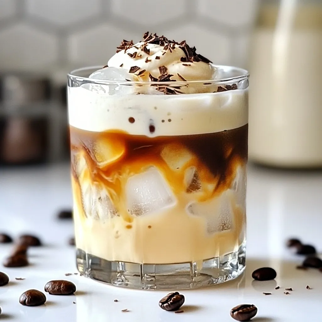 To make a Bold Espresso White Russian, you need a few key ingredients: - 1 cup strong brewed espresso, cooled - 1 cup milk (or your preferred dairy alternative) - 2 tablespoons coffee-flavored syrup (or chocolate syrup for a twist) - 1 tablespoon vanilla extract - Ice cubes - Coffee beans or chocolate shavings for garnish These ingredients create a creamy, rich drink with a bold coffee flavor. The espresso gives a strong kick, while the milk adds smoothness. You can customize your Bold Espresso White Russian by adding optional ingredients. Some ideas include: - Flavored syrups like hazelnut or caramel - A splash of coffee liqueur for extra depth - A pinch of cinnamon for warmth These additions can change the drink's taste, making it fun and personal. If you prefer non-dairy options, there are many great choices for milk. Here are a few: - Almond milk - Oat milk - Coconut milk Each alternative brings a unique flavor and texture. For example, oat milk is creamy and complements the espresso well. Test different options to find your favorite! {{ingredient_image_2}} Start with strong coffee beans. Grind them to a fine powder. Use about two tablespoons of coffee for each shot. Boil water to 200°F (just off boil). Pour the hot water over the coffee grounds. If you have an espresso machine, this is easy. Just follow the machine's steps. If not, a French press works too. Let it steep for about 30 seconds. Press down slowly. You want a rich, bold flavor. Cool the brewed espresso to room temperature or chill it in the fridge to speed things up. Grab a mixing jug and combine your cooled espresso. Add one cup of milk or your favorite dairy alternative. Next, pour in two tablespoons of coffee-flavored syrup. If you want something different, chocolate syrup is a fun choice. Add one tablespoon of vanilla extract for extra flavor. Stir the mix well until it’s smooth. Make sure the syrup dissolves completely. This step ensures every sip is delicious. Take two glasses and fill them with ice cubes. Pack the ice tightly to keep the drink cold. Pour the espresso mix over the ice slowly. This creates a beautiful layered look. You can see the colors blend as you pour. After filling, gently stir to mix the layers. For a special touch, top each drink with coffee beans or chocolate shavings. This makes your drink look fancy and adds a nice taste. Enjoy your Bold Espresso White Russian! To brew strong espresso at home, use fresh coffee beans. Grind them finely for the best flavor. Use about 2 tablespoons of coffee for each shot of espresso. Heat water to about 200°F (93°C) and brew for 25-30 seconds. This will create a rich and bold espresso that enhances your cocktail. If you want extra strength, try double shots. For the best flavor, mix the espresso with milk and a coffee-flavored syrup. You can add chocolate syrup for a sweet twist. Vanilla extract adds depth and sweetness, making your drink even better. Experiment with different milk types, like almond or oat, for unique tastes. The key is balance; make sure no flavor overpowers the others. Don't skip cooling the espresso. Warm espresso can melt the ice too fast and dilute your drink. Avoid using low-quality coffee beans; they can make your cocktail taste bitter. Also, don’t rush the mixing. Whisking well helps all flavors blend fully. Lastly, remember to garnish! Coffee beans or chocolate shavings not only look nice but also add extra flavor. Pro Tips Chill Your Ingredients: For an extra refreshing drink, chill your milk and espresso before mixing. This will keep your drink colder for longer. Experiment with Syrups: Try different flavored syrups beyond coffee or chocolate, such as hazelnut or caramel, to add a unique twist to your drink. Layering for Presentation: Pour the espresso mixture slowly over the ice to create a beautiful layered effect. This adds visual appeal to your drink. Garnishing Options: Get creative with your garnishes! Consider adding whipped cream, a sprinkle of cinnamon, or even a chocolate drizzle for an indulgent touch. {{image_4}} To make an Iced Bold Espresso White Russian, start with the same ingredients. Brew your espresso strong, then cool it down. Instead of serving it warm, pour the cooled espresso over ice. This gives you a refreshing drink perfect for hot days. The ice will keep your drink chilled as you sip. You can still add milk and coffee syrup, just like the classic version. It’s a great way to enjoy this drink in a new way. You can play with flavors to make your Bold Espresso White Russian unique. Chocolate syrup adds a sweet twist if you want a dessert-like drink. Hazelnut syrup gives a nutty flavor that pairs well with coffee. You can also try vanilla bean paste for a richer taste. Mix and match these flavors to suit your mood. Each choice adds a delicious layer of taste to your cocktail, making it special. If you want a drink without alcohol, you can easily make an alcohol-free version. Just skip the coffee-flavored liqueur. Use the same strong brewed espresso, milk, and syrup. This way, you still get the rich flavors without any alcohol. It’s perfect for gatherings when you want everyone to enjoy a tasty drink. You can garnish it the same way, keeping it fancy and fun! To keep your leftover ingredients fresh, store them in airtight containers. Place any unused espresso in the fridge. Milk or dairy alternatives should also go in the fridge. Coffee-flavored syrup can stay in a cool, dark place. If you use chocolate syrup, store it the same way. If you have leftover Bold Espresso White Russian, refrigerate it right away. Use a sealed container to prevent spills. Try to drink it within 24 hours for the best taste. If you see separation, just stir it before enjoying. Avoid freezing the cocktail; the texture may change. You can prepare the espresso and mix it with the syrup and vanilla ahead of time. Just keep it in the fridge until you are ready to serve. When you are ready, pour over ice and add milk. This method saves time and keeps the flavors fresh. Yes, you can use instant coffee. Just mix it with hot water to dissolve. This method is easy and quick. However, brewed espresso gives a richer taste. Instant coffee might lack the bold flavor you want. If you choose instant, go for a strong blend to get the best flavor. To make a vegan Bold Espresso White Russian, swap the milk for a plant-based option. Almond, oat, or soy milk work well. Ensure your coffee-flavored syrup is vegan too. Many brands offer vegan options. Check the label to be sure. This way, you can enjoy the drink without dairy. The best milk for this recipe depends on your taste. Whole milk gives a creamy texture. If you want a lighter option, choose almond or oat milk. Coconut milk adds a fun twist with its unique flavor. Use any milk you love for the perfect drink. In this post, you learned how to craft a Bold Espresso White Russian. We covered key ingredients, from essential to optional flavors. I provided tips for brewing perfect espresso and mixing your drink for the best taste. You can try variations like iced or alcohol-free versions, too. Finally, we explored storage tips and answered common questions. Remember, perfecting this cocktail takes practice, but it’s worth it. Enjoy your homemade drink, and impress your friends!