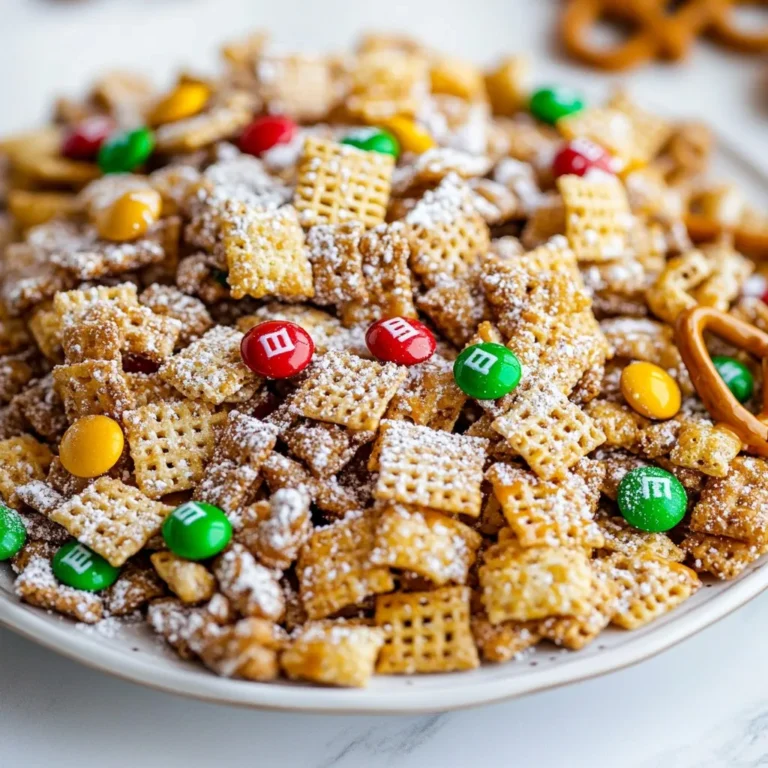 For this recipe, you will need: - 4 cups Rice Chex cereal - 2 cups Corn Chex cereal Rice Chex and Corn Chex form the base of your mix. The crunchiness of these cereals adds great texture. They soak up the chocolate and peanut butter mixture, making every bite tasty. Next, gather these items: - 1 cup semi-sweet chocolate chips - 1/2 cup creamy peanut butter - 1/4 cup unsalted butter - 1 teaspoon vanilla extract - Pinch of sea salt Melt the chocolate chips with peanut butter and butter. This mix becomes smooth and rich. Adding vanilla and salt brings out the flavors. It is the star of the recipe! Finally, you will need: - 1 cup powdered sugar - 1 cup holiday-themed M&M's (red and green) - 1 cup mini pretzels The powdered sugar coats the mix and makes it sweet. Holiday M&M's add color and fun. Mini pretzels give a salty crunch that balances the sweetness. {{ingredient_image_2}} Start by taking a large mixing bowl. Add 4 cups of Rice Chex cereal and 2 cups of Corn Chex cereal. Mix them well. Make sure the cereals are evenly combined. This creates a great base for your treat. Set this bowl aside while you prepare the chocolate mix. Next, grab a medium saucepan and place it on low heat. Add 1/4 cup of unsalted butter, 1 cup of semi-sweet chocolate chips, and 1/2 cup of creamy peanut butter into the pan. Stir these ingredients often. You want the mix to melt smoothly. Once it is melted, take it off the heat. Stir in 1 teaspoon of vanilla extract and a pinch of sea salt. This will make the flavors pop. Now it's time to coat the cereals. Carefully pour the melted chocolate mix over the cereals in your large bowl. Use a spatula to fold the cereals gently. Make sure each piece is coated well. After that, add in 1 cup of mini pretzels and 1 cup of holiday-themed M&M's. Toss everything together to spread them out evenly. In a large resealable plastic bag, pour in 1 cup of powdered sugar. Slowly place the coated cereal mix into the bag. Seal it tightly and shake gently. This will coat the mix with sugar. Once done, spread the mixture out on a large baking sheet lined with parchment paper. Let it cool so it can set. Enjoy your festive snack! To get a perfect coat on your cereal, follow these steps. First, mix the Rice Chex and Corn Chex well. This way, every piece gets covered. When you pour the melted mix over, do it slowly. Use a spatula to fold gently. This helps avoid breaking the cereal. Make sure to cover all the pieces. If you see dry spots, fold again until it’s even. Melting chocolate can be tricky. Always use low heat to prevent burning. I like to use a double boiler or a saucepan. If you use a saucepan, keep stirring. This keeps it smooth and creamy. Add the peanut butter and butter right away. This helps the mix melt evenly. Once it looks shiny, take it off the heat. Stir in vanilla and sea salt for flavor. Presentation matters, especially during the holidays! Use festive bowls to serve your mix. You can also package it in clear bags. Tie them with colorful ribbon for a nice touch. Another idea is to add it to gift baskets. This makes a fun treat for friends and family. You can even sprinkle extra M&M's on top for a pop of color. Pro Tips Use Fresh Ingredients: Always use fresh cereal and high-quality chocolate chips for the best flavor and texture in your Puppy Chow Chex Mix. Cooling Time Matters: Allow the mix to cool completely after coating it with powdered sugar. This enhances the crunchiness and ensures the sugar adheres properly. Customize Your Mix: Feel free to add your favorite mix-ins such as nuts, dried fruits, or different seasonal candies for a personalized touch. Storage Tips: Store your Puppy Chow in an airtight container to keep it fresh and crunchy for longer. It also makes for a great gift! {{image_4}} You can switch up the Rice Chex or Corn Chex. Try using other Chex cereals. For example, Wheat Chex adds a nice flavor. You can also use gluten-free options if needed. Instead of peanut butter, almond butter works well too. You can also use sun butter for a nut-free mix. Swap the semi-sweet chocolate chips for dark chocolate or white chocolate. This change gives your Puppy Chow a new twist. Adding festive treats can boost the fun. Mix in seasonal candies like holiday-themed sprinkles. You can also use crushed candy canes for a minty flavor. Dried cranberries or raisins can add a fruity touch. If you like nuts, consider adding chopped pecans or walnuts. Each of these options adds a unique flavor and texture to your mix. If you're looking for new coatings, try using different sugars. Instead of powdered sugar, use cocoa powder for a richer taste. You can also sprinkle cinnamon or nutmeg for a warm spice flavor. For a fun crunch, coat with crushed graham crackers. This gives a whole new texture and taste to your Puppy Chow. To keep your Holiday Puppy Chow Chex Mix fresh, store it in an airtight container. This helps lock in flavor and crunch. Place the mix in the container only after it cools completely. If you store it while warm, moisture can form and make it soggy. It will last for about one week at room temperature. You can freeze your Puppy Chow for longer storage. Use a freezer-safe bag or container. Make sure to remove as much air as possible before sealing. This helps prevent freezer burn. When ready to eat, let it thaw at room temperature for a few hours. Avoid microwaving it, as that can make it lose its crunch. For the best results, use glass jars or plastic containers with tight lids. These types help maintain the mix's texture and taste. If you want to share, use clear cellophane bags tied with ribbon. This adds a festive touch while keeping it fresh. Avoid using old chip bags or wrinkled paper bags, as they do not seal well. Yes, you can use other Chex cereals. The mix is flexible. You could try Wheat Chex or Chocolate Chex. Each type gives a unique flavor and texture. Just keep the total amount the same. This way, your mix stays balanced and tasty. Holiday Puppy Chow can last up to two weeks. Store it in an airtight container. Keep it in a cool, dry place. This helps maintain its crunchiness. If you notice any soft pieces, it’s best to enjoy it right away. Yes, it is safe to gift homemade Puppy Chow. Just make sure to keep it fresh. Use clean hands and good containers to pack it. Add a fun note or tag. This makes your gift even more special. People love receiving tasty, homemade treats! Making Puppy Chow is simple and fun. We covered the best ingredients like Rice Chex and Corn Chex, and a tasty chocolate and peanut butter mix. Following easy steps, you can create a delicious treat. Use my tips to coat your cereal evenly and explore fun variations. Store it well to keep it fresh and tasty. You can safely gift your homemade creation too. Enjoy your treat; it’s perfect for sharing!