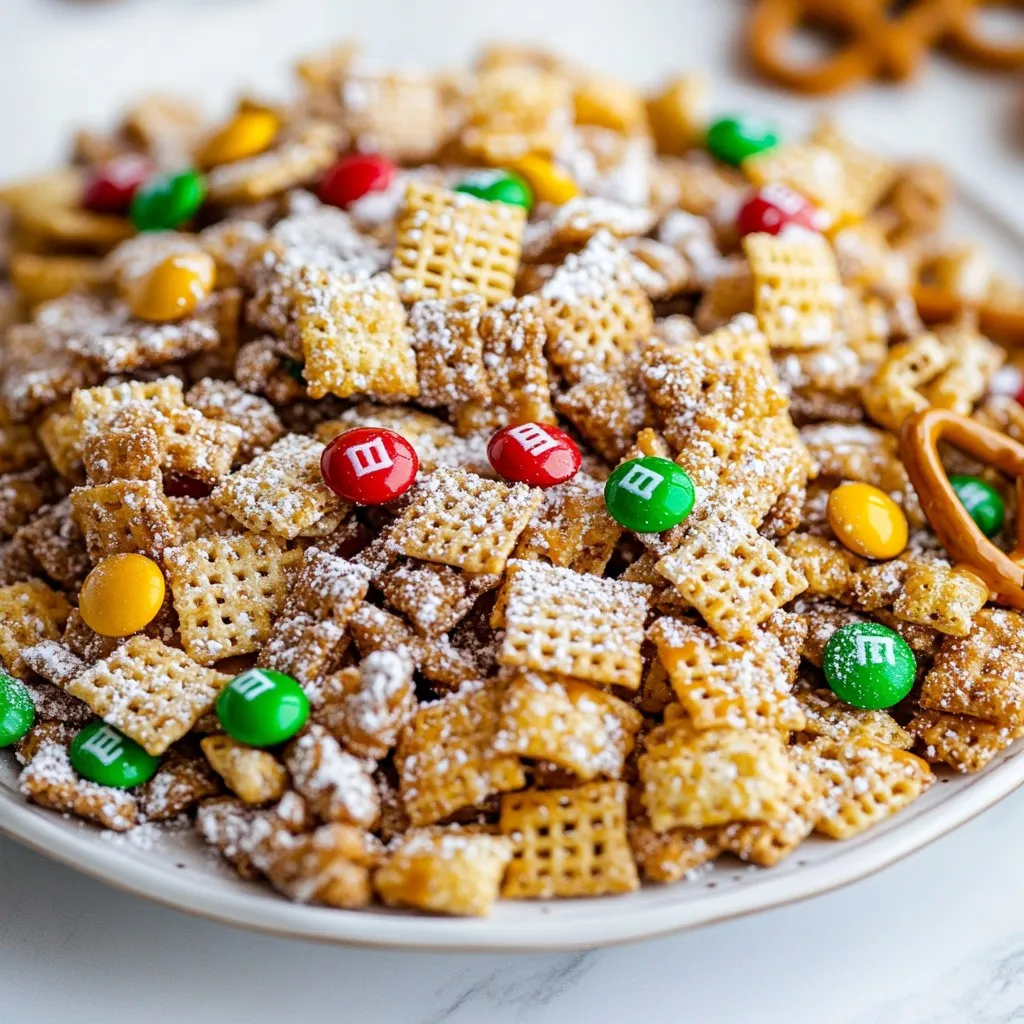 For this recipe, you will need: - 4 cups Rice Chex cereal - 2 cups Corn Chex cereal Rice Chex and Corn Chex form the base of your mix. The crunchiness of these cereals adds great texture. They soak up the chocolate and peanut butter mixture, making every bite tasty. Next, gather these items: - 1 cup semi-sweet chocolate chips - 1/2 cup creamy peanut butter - 1/4 cup unsalted butter - 1 teaspoon vanilla extract - Pinch of sea salt Melt the chocolate chips with peanut butter and butter. This mix becomes smooth and rich. Adding vanilla and salt brings out the flavors. It is the star of the recipe! Finally, you will need: - 1 cup powdered sugar - 1 cup holiday-themed M&M's (red and green) - 1 cup mini pretzels The powdered sugar coats the mix and makes it sweet. Holiday M&M's add color and fun. Mini pretzels give a salty crunch that balances the sweetness. {{ingredient_image_2}} Start by taking a large mixing bowl. Add 4 cups of Rice Chex cereal and 2 cups of Corn Chex cereal. Mix them well. Make sure the cereals are evenly combined. This creates a great base for your treat. Set this bowl aside while you prepare the chocolate mix. Next, grab a medium saucepan and place it on low heat. Add 1/4 cup of unsalted butter, 1 cup of semi-sweet chocolate chips, and 1/2 cup of creamy peanut butter into the pan. Stir these ingredients often. You want the mix to melt smoothly. Once it is melted, take it off the heat. Stir in 1 teaspoon of vanilla extract and a pinch of sea salt. This will make the flavors pop. Now it's time to coat the cereals. Carefully pour the melted chocolate mix over the cereals in your large bowl. Use a spatula to fold the cereals gently. Make sure each piece is coated well. After that, add in 1 cup of mini pretzels and 1 cup of holiday-themed M&M's. Toss everything together to spread them out evenly. In a large resealable plastic bag, pour in 1 cup of powdered sugar. Slowly place the coated cereal mix into the bag. Seal it tightly and shake gently. This will coat the mix with sugar. Once done, spread the mixture out on a large baking sheet lined with parchment paper. Let it cool so it can set. Enjoy your festive snack! To get a perfect coat on your cereal, follow these steps. First, mix the Rice Chex and Corn Chex well. This way, every piece gets covered. When you pour the melted mix over, do it slowly. Use a spatula to fold gently. This helps avoid breaking the cereal. Make sure to cover all the pieces. If you see dry spots, fold again until it’s even. Melting chocolate can be tricky. Always use low heat to prevent burning. I like to use a double boiler or a saucepan. If you use a saucepan, keep stirring. This keeps it smooth and creamy. Add the peanut butter and butter right away. This helps the mix melt evenly. Once it looks shiny, take it off the heat. Stir in vanilla and sea salt for flavor. Presentation matters, especially during the holidays! Use festive bowls to serve your mix. You can also package it in clear bags. Tie them with colorful ribbon for a nice touch. Another idea is to add it to gift baskets. This makes a fun treat for friends and family. You can even sprinkle extra M&M's on top for a pop of color. Pro Tips Use Fresh Ingredients: Always use fresh cereal and high-quality chocolate chips for the best flavor and texture in your Puppy Chow Chex Mix. Cooling Time Matters: Allow the mix to cool completely after coating it with powdered sugar. This enhances the crunchiness and ensures the sugar adheres properly. Customize Your Mix: Feel free to add your favorite mix-ins such as nuts, dried fruits, or different seasonal candies for a personalized touch. Storage Tips: Store your Puppy Chow in an airtight container to keep it fresh and crunchy for longer. It also makes for a great gift! {{image_4}} You can switch up the Rice Chex or Corn Chex. Try using other Chex cereals. For example, Wheat Chex adds a nice flavor. You can also use gluten-free options if needed. Instead of peanut butter, almond butter works well too. You can also use sun butter for a nut-free mix. Swap the semi-sweet chocolate chips for dark chocolate or white chocolate. This change gives your Puppy Chow a new twist. Adding festive treats can boost the fun. Mix in seasonal candies like holiday-themed sprinkles. You can also use crushed candy canes for a minty flavor. Dried cranberries or raisins can add a fruity touch. If you like nuts, consider adding chopped pecans or walnuts. Each of these options adds a unique flavor and texture to your mix. If you're looking for new coatings, try using different sugars. Instead of powdered sugar, use cocoa powder for a richer taste. You can also sprinkle cinnamon or nutmeg for a warm spice flavor. For a fun crunch, coat with crushed graham crackers. This gives a whole new texture and taste to your Puppy Chow. To keep your Holiday Puppy Chow Chex Mix fresh, store it in an airtight container. This helps lock in flavor and crunch. Place the mix in the container only after it cools completely. If you store it while warm, moisture can form and make it soggy. It will last for about one week at room temperature. You can freeze your Puppy Chow for longer storage. Use a freezer-safe bag or container. Make sure to remove as much air as possible before sealing. This helps prevent freezer burn. When ready to eat, let it thaw at room temperature for a few hours. Avoid microwaving it, as that can make it lose its crunch. For the best results, use glass jars or plastic containers with tight lids. These types help maintain the mix's texture and taste. If you want to share, use clear cellophane bags tied with ribbon. This adds a festive touch while keeping it fresh. Avoid using old chip bags or wrinkled paper bags, as they do not seal well. Yes, you can use other Chex cereals. The mix is flexible. You could try Wheat Chex or Chocolate Chex. Each type gives a unique flavor and texture. Just keep the total amount the same. This way, your mix stays balanced and tasty. Holiday Puppy Chow can last up to two weeks. Store it in an airtight container. Keep it in a cool, dry place. This helps maintain its crunchiness. If you notice any soft pieces, it’s best to enjoy it right away. Yes, it is safe to gift homemade Puppy Chow. Just make sure to keep it fresh. Use clean hands and good containers to pack it. Add a fun note or tag. This makes your gift even more special. People love receiving tasty, homemade treats! Making Puppy Chow is simple and fun. We covered the best ingredients like Rice Chex and Corn Chex, and a tasty chocolate and peanut butter mix. Following easy steps, you can create a delicious treat. Use my tips to coat your cereal evenly and explore fun variations. Store it well to keep it fresh and tasty. You can safely gift your homemade creation too. Enjoy your treat; it’s perfect for sharing!
