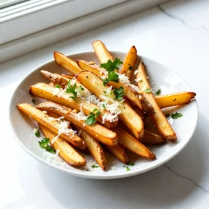 To make these tasty Garlic Parmesan Fries, you will need: - 4 large russet potatoes - 4 tablespoons extra virgin olive oil - 4 cloves of garlic, finely minced - 1 teaspoon finely ground sea salt - 1/2 teaspoon freshly cracked black pepper - 1/2 cup freshly grated Parmesan cheese - 2 tablespoons fresh parsley, finely chopped - 1 teaspoon garlic powder - 1/2 teaspoon red pepper flakes (optional for a spicy kick) You can change some ingredients based on what you have. Here are a few ideas: - Potatoes: You can use Yukon Gold or sweet potatoes for a different flavor. - Olive Oil: Canola or avocado oil works well too. - Parmesan Cheese: Grana Padano or Pecorino Romano can be good choices. - Garlic: If you don&rsquo;t have fresh garlic, use garlic powder. Just use less, about 1/2 teaspoon. - Fresh Parsley: You can try basil or chives for a new twist. Using fresh ingredients brings a lot of benefits. Here&rsquo;s why I always choose them: - Flavor: Fresh garlic and herbs taste much better than dried. They add a bright, bold flavor to the fries. - Nutrition: Fresh ingredients often have more vitamins and minerals. They help keep your body healthy. - Aroma: Fresh foods smell amazing while cooking. This makes your kitchen feel warm and welcoming. - Texture: Freshly grated cheese melts better and gives a creamy texture. This makes the fries even tastier. Using these fresh ingredients really makes a difference in your Garlic Parmesan Fries. Enjoy the process, and get ready for some delicious results! {{ingredient_image_2}} Start with the russet potatoes. Scrub them well under running water. You can peel them if you want. I like to keep the skin for extra flavor. Slice the potatoes into thin fries, about 1/4 inch thick. This size helps them cook evenly. Place your cut fries in a large mixing bowl. In a small bowl, mix the minced garlic with olive oil. Add sea salt, black pepper, garlic powder, and red pepper flakes if you like some heat. Stir well to blend all the flavors. This garlic oil mixture is key to making the fries taste amazing. First, preheat your oven to 425&deg;F (220&deg;C). Line a large baking sheet with parchment paper for easy cleanup. Pour the garlic oil mixture over the sliced fries. Toss them gently so every fry gets coated. Spread the fries in a single layer on the baking sheet. Avoid overcrowding to ensure they get crispy. Bake them for 25-30 minutes. Flip the fries halfway through to get a nice golden-brown color. When they are crispy, take them out of the oven. Sprinkle the freshly grated Parmesan cheese over the hot fries. The heat will make the cheese melt just right. Finish by garnishing with parsley for a pop of color. Serve these fries hot and enjoy every bite! To get that ideal crunch, start with the right potato. I love using russet potatoes. They have the perfect starch content. Cut them into thin fries, about 1/4 inch thick. This size ensures even cooking. Always soak the fries in cold water for at least 30 minutes. This step removes excess starch. It helps them become crispier in the oven. Make sure to dry them well before adding oil. Finally, spread them out on the baking sheet. Avoid overcrowding for that golden crisp. Want to spice things up? Consider adding different flavors to your fries. Try smoked paprika for a smoky kick. Or add cayenne pepper for heat. You can also mix in some Italian herbs like oregano or thyme. For a cheesy twist, toss in some nutritional yeast. If you enjoy tangy flavors, a splash of lemon juice can brighten the dish. Get creative! Adjust the spices based on your taste. Serve your Garlic Parmesan Fries hot and fresh. For a fun twist, pile them high on a rustic plate. You can garnish with extra parsley for color. Pair them with tasty dipping sauces like creamy aioli or zesty marinara. Try a spicy sriracha mayo if you're feeling adventurous. You can even create a cheesy dip with melted cheese and sour cream. These dips add another layer of flavor. Enjoy these fries as a snack or side dish! Pro Tips Choose the Right Potatoes: Russet potatoes are ideal for fries due to their high starch content, which results in a fluffy interior and crispy exterior. Don't Skip the Soak: Soaking the cut fries in cold water for at least 30 minutes before baking helps remove excess starch and enhances crispiness. Uniform Sizing Matters: Ensure your fries are cut to the same thickness for even cooking. Consider using a mandoline for consistent results. Experiment with Seasonings: Feel free to customize the seasoning blend! Try adding smoked paprika, garlic powder, or even a sprinkle of truffle oil for gourmet flair. {{image_4}} If you like heat, try spicy garlic Parmesan fries. Just add red pepper flakes to the garlic oil mix. Use 1/2 teaspoon for a mild kick or more for extra spice. This twist gives your fries a bold flavor that pairs well with the creamy cheese. For a meal that feels like a treat, make loaded garlic Parmesan fries. After baking, top the fries with cooked bacon, jalape&ntilde;os, and sour cream. These toppings add richness and crunch. The combination of flavors makes every bite exciting and delicious. Want a healthier option? Try making garlic Parmesan fries in an air fryer. Cut the potatoes and coat them with the garlic oil mix like before. Preheat your air fryer to 400&deg;F (200&deg;C) and cook the fries for about 15-20 minutes. Shake the basket halfway through for even cooking. This method gives you crispy fries with less oil. To keep leftover fries fresh, wait for them to cool. Place them in an airtight container. This helps prevent them from getting soggy. Store them in the fridge for up to three days. If you want to keep them longer, freezing is a good option. Reheating fries can be tricky. You want them crispy again. The best way to reheat is in the oven. Preheat the oven to 400&deg;F (200&deg;C). Spread the fries on a baking sheet. Bake for about 10-15 minutes. Check often to avoid burning. You can also use an air fryer. This method brings back the crunch! Freezing fries is easy. Start with cooled, cooked fries. Lay them flat on a baking sheet. Freeze them for about an hour. Once frozen, transfer them to a freezer-safe bag. Label it with the date. You can store them for up to three months. When ready to eat, cook them straight from the freezer. Just add a few extra minutes to the baking time. Russet potatoes are the best choice for fries. They have a high starch content. This helps make the fries crispy on the outside and fluffy on the inside. You can also use Yukon Gold potatoes. They add a nice buttery flavor, but russets are the classic choice. Yes, you can make Garlic Parmesan Fries in an air fryer. Simply follow the same prep steps. After coating your fries, place them in the air fryer basket. Cook at 400&deg;F (200&deg;C) for about 15-20 minutes. Shake the basket halfway through for even cooking. This method gives you crispy fries with less oil. Some popular dipping sauces include: - Creamy aioli - Zesty marinara - Spicy ketchup - Ranch dressing - Garlic butter sauce These sauces enhance the flavors of your fries. Feel free to get creative and try new dips! In this blog post, I covered the key ingredients and step-by-step instructions to make Garlic Parmesan Fries. I shared tips for perfect crispiness and flavor boosts. I also explored fun variations and storage options for your leftovers. Remember, using fresh ingredients makes a big difference. Try these methods to enjoy restaurant-quality fries at home. Your taste buds will thank you, and your friends will be impressed. Enjoy cooking and sharing these tasty treats!