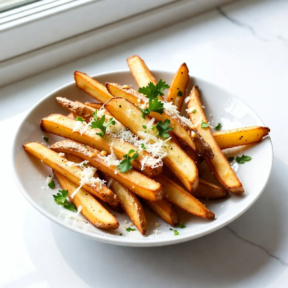 To make these tasty Garlic Parmesan Fries, you will need: - 4 large russet potatoes - 4 tablespoons extra virgin olive oil - 4 cloves of garlic, finely minced - 1 teaspoon finely ground sea salt - 1/2 teaspoon freshly cracked black pepper - 1/2 cup freshly grated Parmesan cheese - 2 tablespoons fresh parsley, finely chopped - 1 teaspoon garlic powder - 1/2 teaspoon red pepper flakes (optional for a spicy kick) You can change some ingredients based on what you have. Here are a few ideas: - Potatoes: You can use Yukon Gold or sweet potatoes for a different flavor. - Olive Oil: Canola or avocado oil works well too. - Parmesan Cheese: Grana Padano or Pecorino Romano can be good choices. - Garlic: If you don’t have fresh garlic, use garlic powder. Just use less, about 1/2 teaspoon. - Fresh Parsley: You can try basil or chives for a new twist. Using fresh ingredients brings a lot of benefits. Here’s why I always choose them: - Flavor: Fresh garlic and herbs taste much better than dried. They add a bright, bold flavor to the fries. - Nutrition: Fresh ingredients often have more vitamins and minerals. They help keep your body healthy. - Aroma: Fresh foods smell amazing while cooking. This makes your kitchen feel warm and welcoming. - Texture: Freshly grated cheese melts better and gives a creamy texture. This makes the fries even tastier. Using these fresh ingredients really makes a difference in your Garlic Parmesan Fries. Enjoy the process, and get ready for some delicious results! {{ingredient_image_2}} Start with the russet potatoes. Scrub them well under running water. You can peel them if you want. I like to keep the skin for extra flavor. Slice the potatoes into thin fries, about 1/4 inch thick. This size helps them cook evenly. Place your cut fries in a large mixing bowl. In a small bowl, mix the minced garlic with olive oil. Add sea salt, black pepper, garlic powder, and red pepper flakes if you like some heat. Stir well to blend all the flavors. This garlic oil mixture is key to making the fries taste amazing. First, preheat your oven to 425°F (220°C). Line a large baking sheet with parchment paper for easy cleanup. Pour the garlic oil mixture over the sliced fries. Toss them gently so every fry gets coated. Spread the fries in a single layer on the baking sheet. Avoid overcrowding to ensure they get crispy. Bake them for 25-30 minutes. Flip the fries halfway through to get a nice golden-brown color. When they are crispy, take them out of the oven. Sprinkle the freshly grated Parmesan cheese over the hot fries. The heat will make the cheese melt just right. Finish by garnishing with parsley for a pop of color. Serve these fries hot and enjoy every bite! To get that ideal crunch, start with the right potato. I love using russet potatoes. They have the perfect starch content. Cut them into thin fries, about 1/4 inch thick. This size ensures even cooking. Always soak the fries in cold water for at least 30 minutes. This step removes excess starch. It helps them become crispier in the oven. Make sure to dry them well before adding oil. Finally, spread them out on the baking sheet. Avoid overcrowding for that golden crisp. Want to spice things up? Consider adding different flavors to your fries. Try smoked paprika for a smoky kick. Or add cayenne pepper for heat. You can also mix in some Italian herbs like oregano or thyme. For a cheesy twist, toss in some nutritional yeast. If you enjoy tangy flavors, a splash of lemon juice can brighten the dish. Get creative! Adjust the spices based on your taste. Serve your Garlic Parmesan Fries hot and fresh. For a fun twist, pile them high on a rustic plate. You can garnish with extra parsley for color. Pair them with tasty dipping sauces like creamy aioli or zesty marinara. Try a spicy sriracha mayo if you're feeling adventurous. You can even create a cheesy dip with melted cheese and sour cream. These dips add another layer of flavor. Enjoy these fries as a snack or side dish! Pro Tips Choose the Right Potatoes: Russet potatoes are ideal for fries due to their high starch content, which results in a fluffy interior and crispy exterior. Don't Skip the Soak: Soaking the cut fries in cold water for at least 30 minutes before baking helps remove excess starch and enhances crispiness. Uniform Sizing Matters: Ensure your fries are cut to the same thickness for even cooking. Consider using a mandoline for consistent results. Experiment with Seasonings: Feel free to customize the seasoning blend! Try adding smoked paprika, garlic powder, or even a sprinkle of truffle oil for gourmet flair. {{image_4}} If you like heat, try spicy garlic Parmesan fries. Just add red pepper flakes to the garlic oil mix. Use 1/2 teaspoon for a mild kick or more for extra spice. This twist gives your fries a bold flavor that pairs well with the creamy cheese. For a meal that feels like a treat, make loaded garlic Parmesan fries. After baking, top the fries with cooked bacon, jalapeños, and sour cream. These toppings add richness and crunch. The combination of flavors makes every bite exciting and delicious. Want a healthier option? Try making garlic Parmesan fries in an air fryer. Cut the potatoes and coat them with the garlic oil mix like before. Preheat your air fryer to 400°F (200°C) and cook the fries for about 15-20 minutes. Shake the basket halfway through for even cooking. This method gives you crispy fries with less oil. To keep leftover fries fresh, wait for them to cool. Place them in an airtight container. This helps prevent them from getting soggy. Store them in the fridge for up to three days. If you want to keep them longer, freezing is a good option. Reheating fries can be tricky. You want them crispy again. The best way to reheat is in the oven. Preheat the oven to 400°F (200°C). Spread the fries on a baking sheet. Bake for about 10-15 minutes. Check often to avoid burning. You can also use an air fryer. This method brings back the crunch! Freezing fries is easy. Start with cooled, cooked fries. Lay them flat on a baking sheet. Freeze them for about an hour. Once frozen, transfer them to a freezer-safe bag. Label it with the date. You can store them for up to three months. When ready to eat, cook them straight from the freezer. Just add a few extra minutes to the baking time. Russet potatoes are the best choice for fries. They have a high starch content. This helps make the fries crispy on the outside and fluffy on the inside. You can also use Yukon Gold potatoes. They add a nice buttery flavor, but russets are the classic choice. Yes, you can make Garlic Parmesan Fries in an air fryer. Simply follow the same prep steps. After coating your fries, place them in the air fryer basket. Cook at 400°F (200°C) for about 15-20 minutes. Shake the basket halfway through for even cooking. This method gives you crispy fries with less oil. Some popular dipping sauces include: - Creamy aioli - Zesty marinara - Spicy ketchup - Ranch dressing - Garlic butter sauce These sauces enhance the flavors of your fries. Feel free to get creative and try new dips! In this blog post, I covered the key ingredients and step-by-step instructions to make Garlic Parmesan Fries. I shared tips for perfect crispiness and flavor boosts. I also explored fun variations and storage options for your leftovers. Remember, using fresh ingredients makes a big difference. Try these methods to enjoy restaurant-quality fries at home. Your taste buds will thank you, and your friends will be impressed. Enjoy cooking and sharing these tasty treats!