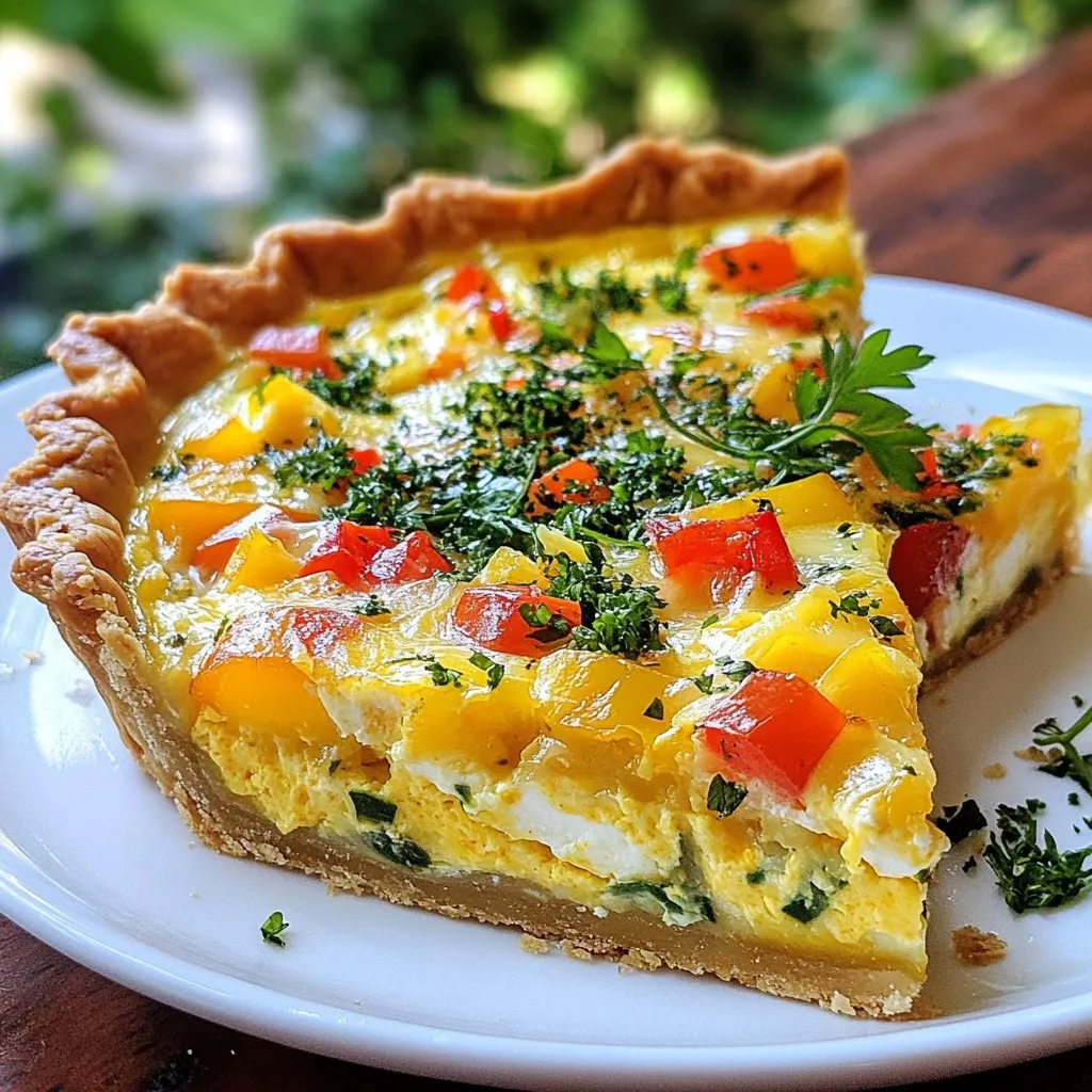 - 1 ½ cups all-purpose flour - ½ teaspoon salt - ½ cup unsalted butter, chilled and cut into small cubes - 4-5 tablespoons ice-cold water For the crust, you will need flour, salt, butter, and ice-cold water. The cold butter makes the crust flaky. Mix the flour and salt, then add butter. Use your fingers to blend until it looks like crumbs. Add ice-cold water one spoon at a time. This helps the dough stick together without being wet. - 6 large eggs - 1 cup heavy cream - 1 cup whole milk - 1 cup shredded cheese (choose from Gruyère, cheddar, or a blend) - 1 cup diced vegetables (consider a mix of spinach, bell peppers, and onions) - Salt and freshly ground black pepper to taste - ½ teaspoon nutmeg (optional for added warmth) For the filling, you will need eggs, cream, milk, cheese, and vegetables. The eggs give the quiche its base. Cream and milk make it rich. You can choose cheese like Gruyère or cheddar for flavor. Add your favorite vegetables for extra taste and nutrition. Season with salt, pepper, and nutmeg for warmth. - Fresh herbs like parsley or chives - Dried herbs such as thyme or basil You can add fresh herbs to brighten the quiche. Dried herbs also work well. They add depth and enhance the taste. Experiment with different herbs to find your favorite mix. {{ingredient_image_2}} To make the crust, start with a large bowl. Combine 1 ½ cups of all-purpose flour and ½ teaspoon of salt. Add ½ cup of chilled, cubed butter. Use your fingers or a pastry cutter to mix until it looks like coarse crumbs. This step is key for a flaky crust. Next, add 4-5 tablespoons of ice-cold water slowly. Mix gently until the dough holds together but is not sticky. Shape the dough into a disk, wrap it in plastic, and chill in the fridge for at least 30 minutes. While the dough chills, preheat your oven to 375°F (190°C). This ensures your quiche bakes evenly. After chilling, roll out the dough on a lightly floured surface. Aim for a circle about 12 inches wide. Place it into a 9-inch pie dish. Press it into the bottom and sides gently. Trim any excess dough and poke holes in the base with a fork. Next, line the crust with parchment paper and fill it with pie weights or dried beans. Bake for 15 minutes until the edges are golden. Then, remove the weights and parchment. Bake for 5 more minutes until the bottom is set. Let the crust cool a bit. Now, prepare the filling. In a bowl, whisk together 6 large eggs, 1 cup of heavy cream, and 1 cup of whole milk. Mix until smooth. Add salt, pepper, and ½ teaspoon of nutmeg if you like. For the filling, evenly spread 1 cup of diced vegetables, like spinach, bell peppers, and onions, over the crust. Sprinkle 1 cup of shredded cheese on top. Finally, pour the egg mixture over everything, making sure it covers all the ingredients. Your quiche is almost ready! Now, bake it in the oven for 35-40 minutes. The filling should be set and the top lightly browned. Allow it to cool for about 10 minutes before slicing. Enjoy your delicious creation! To make a flaky crust, keep your butter cold. Use unsalted butter for flavor control. When mixing butter into flour, stop when it looks like coarse crumbs. This method keeps air in the dough. Add ice-cold water slowly. Only mix until it holds together. Chill the dough for 30 minutes. This step helps in keeping the crust flaky. To create a creamy filling, whisk together eggs, cream, and milk. Use large eggs for the best results. The heavy cream adds richness, while whole milk balances it. Season well with salt and pepper. For an extra touch, add nutmeg. This spice adds warmth and depth. Make sure all ingredients blend well. This ensures a smooth, creamy texture. Serve the quiche warm or at room temperature. Garnish with fresh herbs like parsley or chives. Pair it with a light green salad for a fresh side. This adds color and crunch to your meal. You can also serve it with a light vinaigrette. This keeps your meal refreshing and balanced. Enjoy the quiche for breakfast, lunch, or dinner. It’s perfect for any time! Pro Tips Chill the Dough: Ensure your butter and water are very cold. This helps create a flaky crust by preventing the butter from melting before baking. Use a Blend of Cheeses: Mix different cheeses for a more complex flavor. Combining Gruyère with cheddar adds depth to your quiche. Experiment with Fillings: Don’t hesitate to try different vegetables or proteins. Cooked bacon, mushrooms, or zucchini can elevate your quiche. Rest Before Serving: Let the quiche cool for about 10 minutes after baking. This resting time allows the filling to set, making it easier to slice. {{image_4}} You can easily change the ingredients in quiche. If you want a lighter option, swap heavy cream for half-and-half or whole milk. This will give you creaminess with fewer calories. For a cheese swap, use feta or goat cheese instead of cheddar or Gruyère. These cheeses add a tangy flavor that many love. Mix and match flavors to make your quiche unique. Add cooked bacon or sausage for a hearty dish. You might also enjoy adding smoked salmon with dill. For a vegetarian twist, try roasted zucchini or sun-dried tomatoes. Don’t forget herbs! Fresh basil, thyme, or chives can enhance any flavor. If you need a gluten-free crust, almond flour works well. Combine it with cold butter and a bit of salt. Press the mixture into your pie dish. You can also use store-bought gluten-free pie crusts. They save time and taste great. Just remember to follow the package instructions for baking. To keep leftover quiche fresh, let it cool first. Place it in an airtight container. You can also cover it tightly with plastic wrap or foil. Store it in the fridge for up to 3 days. This method keeps the quiche tasty and safe to eat later. When you want to enjoy your leftover quiche, preheat your oven to 350°F (175°C). Place the quiche on a baking sheet. Heat it for about 15-20 minutes. This helps keep the crust crispy and the filling warm. If you’re in a hurry, you can use the microwave. Heat slices for about 1-2 minutes. Be careful, as microwaving may make the crust softer. To freeze quiche, first let it cool down completely. Wrap it well in plastic wrap, then in foil. This prevents freezer burn. You can freeze quiche for up to 2 months. When ready to eat, thaw it in the fridge overnight. Then, reheat it in the oven for the best texture. Enjoy your delicious quiche anytime! You can use half-and-half or whole milk. These options lower the fat but keep a creamy texture. You can also blend silken tofu with a little milk for a dairy-free option. This mix gives you creaminess with less fat. To avoid a soggy crust, pre-bake it. This step firms up the crust and keeps it crisp. Use pie weights or dried beans when you bake it. This keeps the crust from puffing up. Make sure to cool it slightly before adding the filling. Yes, you can make quiche ahead of time! Prepare it the day before and store it in the fridge. Just cover it tightly with plastic wrap. When you're ready to serve, reheat it in the oven. This keeps it warm and tasty. You now know how to make a delicious quiche. We covered the flaky crust, filling, and helpful tips. I also shared fun variations and storage tips. With these steps, you can impress friends and family. Quiche is flexible and easy to adapt. Remember, a little creativity goes a long way. Enjoy making your own quiche and share your results!