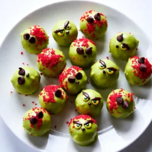 To make Grinch Christmas truffles, you need some key items. These ingredients create the perfect blend of taste and fun. Here&rsquo;s what you will need: - 1 cup finely crushed vanilla Oreos - 4 oz cream cheese, softened to room temperature - 1 cup vibrant green candy melts - 1/2 cup powdered sugar - 1 teaspoon pure vanilla extract - Red sprinkles for cheerful decoration Each ingredient plays a role in making these truffles a treat. The Oreos give them a sweet base. The cream cheese adds creaminess. The candy melts create the fun green coating. You can also add some optional items for extra fun. Consider these: - Mini chocolate chips for playful eyes Adding mini chocolate chips makes your truffles look like the Grinch. It gives them a cute face. You can customize your truffles to fit your style! When picking these ingredients, quality matters. Here are some tips to help you: - Choose fresh cream cheese. Make sure it is soft for easy mixing. - Use good quality Oreos for better flavor. - Look for bright green candy melts. They make your truffles pop! - Select pure vanilla extract for the best taste. Avoid imitation. Using quality ingredients can change your truffles from good to great. It&rsquo;s worth the effort to find the best! {{ingredient_image_2}} To start, take a medium mixing bowl. Add 1 cup of finely crushed vanilla Oreos. Then, add 4 ounces of softened cream cheese. Use a spatula or your hands to mix the two together. Keep mixing until the blend holds well when pressed. This mix should feel soft and sticky. Next, scoop out small portions using your hands. Roll each into a ball about 1 inch wide. Place the truffles on a baking sheet lined with parchment paper. Make sure they are spaced evenly apart. After shaping, transfer the baking sheet to the fridge. Chill the truffles for about 30 minutes. This helps them firm up before coating. While the truffles chill, prepare the green candy melts. Follow the package instructions to melt them. Stir until smooth and glossy. Once melted, remove the truffles from the fridge. Dip each one into the green candy coating. Use a fork to lift it out and let excess drip off. Place it back on the lined sheet. While the coating is still wet, sprinkle red sprinkles on top. For fun, add mini chocolate chips for eyes. Allow the coating to set at room temperature or chill for about 15 minutes until firm. To get the right truffle texture, mix the crushed Oreos and cream cheese well. Use your hands or a spatula. It should feel sticky but firm. If it&rsquo;s too dry, add a little more cream cheese. If it&rsquo;s too wet, add more crushed Oreos. Forming the balls is key. Make them about one inch wide. This size helps them hold their shape and makes them easy to eat. Once the green candy melts are ready, dip each truffle carefully. Make sure to coat them fully. Let the extra coating drip off. While the coating is still wet, sprinkle red sprinkles on top. For a fun touch, add mini chocolate chips for eyes. This gives each truffle a playful Grinch face. Display them on a festive plate for a cheerful holiday look. One common mistake is not chilling the truffles before dipping. Chilling keeps them firm and helps the coating stick. Be careful not to overheat the candy melts. If they get too hot, they can burn or clump. Lastly, work quickly when decorating. The coating sets fast, so sprinkle right after dipping. This ensures the sprinkles stick well. Pro Tips Chill for Better Coating: Ensure your truffles are well-chilled before dipping them in the candy melts; this helps the coating adhere better and keeps the truffles from melting. Use Parchment Paper: Line your baking sheet with parchment paper to prevent the truffles from sticking, making it easier to remove them once set. Experiment with Flavors: Feel free to add different flavor extracts, like almond or peppermint, to the cream cheese mixture for a unique twist on these festive treats. Storage Tips: Store your truffles in an airtight container in the refrigerator for up to a week; allow them to come to room temperature before serving for the best taste. {{image_4}} You can create fun flavor twists by adding other extracts. Try almond extract for a sweet nutty taste. You can also use peppermint extract for a holiday touch. Simply mix in half a teaspoon of your chosen extract with the cream cheese and crushed Oreos. This small change makes a big difference in flavor. You can match the flavor to your holiday theme, making each truffle unique. Want to make these truffles vegan or gluten-free? Start by using vegan cream cheese. Check labels on Oreos, as many are naturally gluten-free. You can also use gluten-free cookie options like gluten-free vanilla cookies. For the candy melts, choose brands that offer vegan choices. This way, everyone can enjoy these festive treats without worry. While red sprinkles are fun, consider other decorating options. Use shredded coconut for a snowy effect. You can also melt white chocolate and drizzle it for a lovely contrast. Try adding edible glitter for some sparkle. Mini candy canes make great decorations too. Let your creativity shine and make your truffles stand out on the holiday table! To keep your Grinch Christmas truffles fresh, store them in an airtight container. Line the container with parchment paper. This will help prevent sticking. Place a layer of truffles at the bottom and add parchment between layers. Keep the container in the fridge. The cool air will help them stay firm. Grinch truffles can last up to one week in the fridge. They will stay tasty and fresh during this time. After a week, the flavors may fade. If you notice any odd smell or texture, it is best to throw them away. Always check before indulging! To enjoy these treats later, you can freeze them. First, let the truffles cool completely. Then, place them on a baking sheet. Freeze them for about an hour until firm. Next, transfer the truffles to an airtight container or freezer bag. They can last up to three months in the freezer. When ready to eat, thaw them in the fridge overnight for the best taste. Yes, you can use other cookies. Try vanilla wafers or chocolate cookies. You want cookies that blend well with cream cheese. Each cookie adds a unique taste. Experimenting can lead to fun new flavors! If you don&rsquo;t have candy melts, use white chocolate. Just melt it like you would candy melts. You can also try almond bark for a nice coating. Keep in mind, the color will change. Add food coloring if you want that Grinch green hue! You can make these truffles a day or two early. After coating them, store the truffles in an airtight container. Keep them in the fridge to maintain freshness. This way, they stay firm and ready to impress your guests! You learned how to make Grinch Christmas truffles from my guide. I shared key ingredients, steps, and creative ideas to help you. Remember, using quality ingredients makes a big difference. With the tips and tricks, you can avoid errors and achieve the best results. Feel free to mix flavors or try new decorations. Enjoy making these fun, festive treats, and share them with family and friends. Happy truffle making!