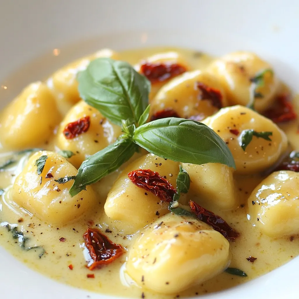 - 1 pound potato gnocchi - 2 tablespoons unsalted butter - 1 tablespoon extra virgin olive oil - 3 cloves garlic, finely minced - 1 cup heavy cream - 1 cup freshly grated Parmesan cheese - 1/2 cup sun-dried tomatoes, roughly chopped - 1/4 teaspoon red pepper flakes (optional) - Salt and freshly ground black pepper to taste - Fresh basil leaves, torn or whole, for garnish You can swap potato gnocchi for gluten-free gnocchi if needed. Use coconut cream in place of heavy cream for a dairy-free option. If you lack sun-dried tomatoes, try roasted red peppers instead. For flavor, you can use a mix of mozzarella and Parmesan cheese. Instead of fresh basil, try parsley or arugula for a different touch. Pair this creamy gnocchi with a crisp Italian white wine like Pinot Grigio. Its bright notes balance the rich sauce well. For a fresh side, serve a simple arugula salad with lemon vinaigrette. The peppery greens will enhance the dish's flavors and add a refreshing contrast. {{ingredient_image_2}} To cook the gnocchi, first, boil a large pot of water. Make sure to add salt to this water. This adds flavor to the gnocchi as they cook. When the water boils, add 1 pound of potato gnocchi. Cook them for about 2-3 minutes. You will know they are ready when they float to the top. Use a slotted spoon to remove them from the pot. Set the gnocchi aside while you prepare the sauce. Now, let’s make the creamy garlic sauce. In a large skillet, melt 2 tablespoons of unsalted butter and add 1 tablespoon of extra virgin olive oil. Heat this mixture over medium heat. Once it is hot, add 3 cloves of finely minced garlic. Sauté the garlic for about 1 minute. You want it to be fragrant and golden but not burned. Next, slowly pour in 1 cup of heavy cream while stirring. Bring this mixture to a gentle simmer, then lower the heat to keep it warm. Time to bring it all together! Gradually whisk in 1 cup of freshly grated Parmesan cheese. Stir until the sauce is smooth and creamy. Then, add 1/2 cup of chopped sun-dried tomatoes and, if you want a spicy kick, include 1/4 teaspoon of red pepper flakes. Let this cook for another 2-3 minutes. After that, gently fold the cooked gnocchi into the sauce. Make sure each piece is well coated. Heat the gnocchi in the sauce for 1-2 minutes. Finally, season with salt and freshly ground black pepper to taste. Serve the gnocchi in warm bowls and garnish with torn basil leaves for a lovely touch. To get a super creamy sauce, use fresh ingredients. Fresh heavy cream whips up better than old cream. Start by melting butter and olive oil over medium heat. This mix adds flavor and helps the sauce stay smooth. Pour in the cream slowly while stirring. This step helps the sauce blend nicely with the garlic. Always keep the heat low once the cream is in. This prevents the sauce from boiling and curdling. A few mistakes can ruin your sauce. Do not rush the garlic. If it burns, it turns bitter. Make sure to whisk in the cheese slowly. Adding it all at once can lead to lumps. If your sauce seems too thick, add a splash of water or more cream. Taste your dish often. Adjust salt and pepper as needed for flavor. To make your sauce extra special, think about adding sun-dried tomatoes. They bring a nice tang and color. Red pepper flakes can add warmth, but only use a little if you want spice. Fresh herbs like basil or parsley give a fresh taste. You could also use a splash of lemon juice for some zing. These little changes can make your gnocchi shine! Pro Tips Use Fresh Ingredients: Always opt for fresh basil and high-quality Parmesan cheese for the best flavor in your creamy sauce. Perfectly Cooked Gnocchi: Ensure your gnocchi is cooked just until it floats; overcooking can lead to a mushy texture. Adjust the Spice Level: Feel free to customize the amount of red pepper flakes according to your taste; start with a small pinch and add more if desired. Serve Immediately: This dish is best served right after preparing, as the gnocchi can become heavy if left in the sauce too long. {{image_4}} You can change the sauce in this dish to fit your taste. Here are some ideas: - Alfredo Sauce: This rich sauce blends well with the gnocchi. Just add more cream and cheese. - Pesto: A fresh basil pesto gives a vibrant flavor. You can use homemade or store-bought. - Marinara: For a classic taste, try a simple tomato sauce. It's light and pairs nicely. - Brown Butter Sage: This sauce adds a nutty flavor. Just melt butter and cook until it turns golden. If you have dietary needs, don’t worry! You can swap some ingredients: - Gluten-Free Gnocchi: Use gluten-free gnocchi made from rice flour or potatoes. - Dairy-Free Cream: Use coconut cream or almond milk instead of heavy cream. - Vegan Cheese: For a dairy-free option, try nutritional yeast or vegan cheese. - Add Protein: Toss in grilled chicken, shrimp, or mushrooms to make it heartier. You can change this dish with seasonal ingredients. Here are some tasty ideas: - Spring: Add peas or asparagus for a fresh touch. - Summer: Use fresh tomatoes and zucchini for a light summer dish. - Fall: Incorporate roasted butternut squash or mushrooms for a warm flavor. - Winter: Add kale or spinach for extra nutrients and color. These variations keep the dish exciting and cater to your personal taste! Try mixing and matching to find your favorite. To keep your Millionaire Gnocchi fresh, let it cool first. Place the leftovers in an airtight container. Store it in the fridge for up to three days. Make sure to seal it well. This keeps the flavors intact and prevents it from drying out. When you are ready to eat again, reheat gently. Use a skillet over low heat for the best results. Add a splash of cream or a bit of water for moisture. Stir often to avoid burning. This method helps keep the creamy sauce smooth and tasty. If you want to store for longer, freezing is a great option. Freeze the gnocchi and sauce separately. For the gnocchi, place it on a baking sheet first. Once frozen, transfer it to a freezer bag. For the sauce, let it cool and then use a freezer-safe container. This way, you can enjoy your dish later without losing quality. Yes, you can use store-bought gnocchi. It saves time and is easy to find. Most grocery stores sell it fresh or frozen. Just follow the cooking instructions on the package. The taste and texture are almost the same as homemade gnocchi. Using store-bought is a great option for busy days. If you want a lighter option, you can use half-and-half. You can also mix milk with a little butter. For a dairy-free choice, try coconut cream or cashew cream. Each of these options will change the flavor a bit, but they work well in the sauce. You’ll know the gnocchi is cooked when it floats to the top of the water. This usually takes about 2-3 minutes. If you want to be sure, you can taste one. It should be soft and tender but still hold its shape. Cooking it too long can make it mushy, so keep an eye on it. This article covered everything you need to make delicious gnocchi. We explored key ingredients, helpful tips, and various sauce options. I shared ways to store your leftovers and answered common questions. By following these steps, you can impress your friends and family with creamy, flavorful gnocchi. Don't hesitate to try new ingredients or sauces. Cooking can be fun and creative. Enjoy making this dish your own!