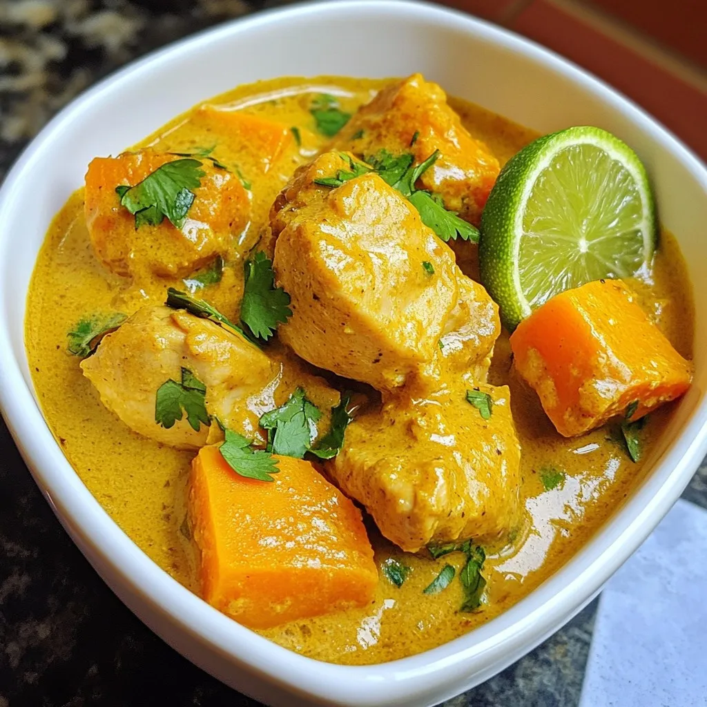 To make a tasty Chicken Sweet Potato Curry, you need these main ingredients: - 1 lb (450g) boneless chicken thighs, cut into bite-sized pieces - 2 medium sweet potatoes, peeled and diced into 1-inch cubes - 1 large onion, finely chopped - 2 cloves garlic, minced - 1 tablespoon fresh ginger, grated - 1 can (14 oz) coconut milk The right spices bring life to your curry. Use these: - 2 tablespoons curry powder - 1 teaspoon turmeric powder - 1 teaspoon ground cumin - Salt and pepper to taste Garnishes add charm and flavor. Consider these options: - Fresh cilantro leaves for garnish - Juice of 1 lime - Serve over fluffy jasmine rice or quinoa - Add a lime wedge for extra zest {{ingredient_image_2}} Start by heating olive oil in a large pot over medium heat. Add the chopped onion and sauté it for about 5 minutes. You want the onion to turn soft and see-through. Then, mix in the minced garlic and grated ginger. Cook this for 1-2 more minutes until it smells great. Next, add the bite-sized chicken pieces. Season them with salt and pepper. Sear the chicken for 5-7 minutes. Look for a nice, light brown color on all sides. Now it’s time to spice things up! Sprinkle the curry powder, turmeric powder, and ground cumin over the chicken. Stir it well so that the chicken gets a good coat of spices. Keep cooking for another minute to let the flavors grow. Toss in the diced sweet potatoes next. Mix everything together to ensure the sweet potatoes are spread evenly among the chicken. Pour in the coconut milk, stirring to blend it all. Bring this mixture to a gentle simmer. Then, lower the heat and cover the pot with a lid. Let it cook for 20-25 minutes. Check the sweet potatoes; they should be fork-tender, and the chicken should be fully cooked. After cooking, remove the pot from heat. Squeeze fresh lime juice into the curry and taste it. Adjust the seasoning with more salt and pepper if needed. To make your curry shine, start by sautéing the aromatics. Heat olive oil in a pot over medium heat. Add chopped onion first. Cook it for five minutes until it turns soft and clear. This brings out the onion's natural sweetness. Then, add minced garlic and grated ginger. Stir for one to two minutes. You want their strong scents to fill your kitchen. This step builds the base flavor for your curry. For this dish, boneless chicken thighs work best. They stay juicy and tender as they cook. Cut them into bite-sized pieces. This helps them cook evenly and quickly. If you prefer, you can use chicken breasts. Just remember they may dry out faster. Always season your chicken well with salt and pepper before cooking. This adds flavor to every bite. Sweet potatoes need about 20 to 25 minutes to cook in the curry. Cut them into one-inch cubes for even cooking. When you add them to the pot, stir well to mix. This helps them soak up all the lovely spices and coconut milk. To check if they’re done, use a fork. They should be soft enough to pierce easily. Perfectly cooked sweet potatoes add a nice sweetness to balance the spices. Pro Tips Balance the Flavors: To achieve a well-rounded flavor, consider adding a touch of sweetness with a teaspoon of brown sugar if the curry is too spicy or tangy. Texture Matters: For added texture, try incorporating some chopped bell peppers or spinach in the last few minutes of cooking for a vibrant color and crunch. Make it Ahead: This curry tastes even better the next day! Prepare it in advance and store it in the fridge to allow the flavors to meld overnight. Perfect Rice Pairing: Serve your curry with jasmine rice or basmati rice, as their fragrant qualities complement the spices beautifully. {{image_4}} If you want a meatless dish, try chickpeas. They add protein and fiber. Use one can of chickpeas instead of chicken. Rinse and drain them first. Add them when you mix in the sweet potatoes. They soak up the curry flavors well and keep the meal hearty. You can make this curry even better by adding more veggies. Try bell peppers, carrots, or spinach. Just chop them up and toss them in with the sweet potatoes. This adds color, texture, and nutrients. Plus, it makes the meal more filling and fun to eat. Want more heat? Add red pepper flakes or a diced chili. Start with a small amount. You can always add more if you like it spicy. If you prefer mild flavors, skip the added spices. The curry will still taste great with its natural warmth. To keep your chicken sweet potato curry fresh, use airtight containers. Allow the curry to cool first. Then, store it in the fridge for up to three days. This helps retain its flavors and texture. Always label the containers with the date. This way, you can track how long they last. When you reheat the curry, do it on the stove for the best taste. Pour the curry into a pot and heat it over medium-low. Stir it often to warm evenly. If it's too thick, add a splash of water or coconut milk. This will keep the sauce creamy. You can also microwave it, but be sure to cover the bowl to avoid splatters. Freezing is a great option for long-term storage. To freeze, first cool the curry completely. Then, use freezer-safe bags or containers. Try to remove as much air as possible to prevent freezer burn. Label it with the date. It can last for up to three months in the freezer. When ready to eat, thaw it in the fridge overnight before reheating. Enjoy this flavorful meal anytime! Yes, you can use other meats like beef or pork. Just cut them into bite-sized pieces like the chicken. Cook them for about the same time to ensure they are tender. You can also use shrimp or fish, but reduce the cooking time to avoid overcooking. Yes, this curry is gluten-free. The main ingredients are chicken, sweet potatoes, and spices, which do not contain gluten. Always check your spice labels to ensure there are no hidden gluten ingredients. This makes it safe for those with gluten sensitivities. To make this curry dairy-free, use coconut milk, just like the recipe states. Coconut milk adds creaminess without dairy. You can also add a bit of almond or cashew milk if you want a different flavor. Avoid any dairy-based toppings for a fully dairy-free meal. This blog post covered everything you need for Chicken Sweet Potato Curry. We looked at the key ingredients, the spices to use, and some tasty garnishes. I provided step-by-step cooking instructions and shared tips for getting it just right. You can also explore fun variations and learn how to store leftovers. In short, this dish is easy and delicious. You can adjust it to fit your taste and dietary needs. So, gather your ingredients and enjoy making a warm bowl of curry!
