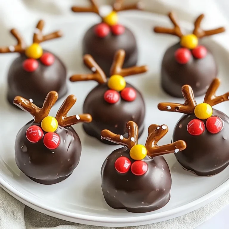 To make No-Bake Christmas Reindeer Treats, you need: - 2 cups chocolate sandwich cookies, finely crushed - 1 cup creamy peanut butter - ½ cup powdered sugar - 1 cup chocolate chips (for melting) - 16 pretzel twists (for antlers) - 16 candy eyes - 16 red M&M’s (for noses) - 1 tablespoon vegetable oil (for melting chocolate) If you need to convert measurements, here’s a quick guide: - 1 cup = 8 fluid ounces - ½ cup = 4 fluid ounces - 2 cups = 16 fluid ounces - 1 tablespoon = 3 teaspoons You can swap some ingredients based on your taste: - Use almond butter instead of peanut butter for a nutty twist. - Try using gluten-free cookies for a gluten-free option. - Dark chocolate chips work well if you prefer a richer taste. - Mini pretzels can replace pretzel twists for a different look. These options allow you to customize your treats while keeping the fun and festive spirit alive! {{ingredient_image_2}} Start by gathering all your ingredients. You will need chocolate sandwich cookies, peanut butter, and powdered sugar. Also, have your chocolate chips, pretzels, candy eyes, red M&Ms, and vegetable oil ready. This will help keep things organized. In a large mixing bowl, combine the crushed chocolate sandwich cookies, peanut butter, and powdered sugar. Use a spatula or your hands to mix until it forms a dough. It should feel sticky but hold together well. Once mixed, scoop out a tablespoon of the dough. Roll it into a ball about 1-inch wide. Repeat this until you shape all the dough into 16 balls. Place the cookie balls on a baking sheet lined with parchment paper. Chill them in the fridge for about 30 minutes. This helps them firm up. While they chill, melt the chocolate. In a microwave-safe bowl, mix chocolate chips and vegetable oil. Microwave for 30 seconds at a time, stirring after each interval. Once smooth, remove the cookie balls from the fridge. Dip each ball into the melted chocolate, ensuring it is fully coated. Then, place them back on the parchment paper. Quickly add pretzel twists for antlers before the chocolate hardens. Press two candy eyes and a red M&M on each ball for faces. Let the chocolate set at room temperature or chill briefly to firm up. To get a smooth chocolate coat, use good quality chocolate chips. I mix in a bit of vegetable oil. This keeps the chocolate shiny and easy to spread. Melt the chips in short bursts in the microwave. Stir often to avoid burning. After dipping, let excess chocolate drip off before setting the treats down. When you place the pretzel twists, do it while the chocolate is still wet. This helps them stick well. For the eyes and noses, use a gentle push. It helps them stay in place. You can use mini chocolate chips if you can't find candy eyes. The red M&M adds a nice pop of color. These reindeer treats look great on a festive platter. You can add sprinkles for extra flair. Try using green and red sprinkles to match the holiday theme. These treats are perfect for parties or as gifts. Just pack them in a cute box. They will brighten anyone's day! Pro Tips Chill for Better Coating: Make sure to chill the cookie balls for at least 30 minutes. This helps them hold their shape better when you dip them in chocolate. Choose Quality Chocolate: Use high-quality chocolate chips for melting to ensure a smooth and delicious coating. Customize Your Antlers: Get creative with your antlers! You can use different types of pretzels or even chocolate-covered pretzels for a fun twist. Let the Chocolate Set: Allow the chocolate to set at room temperature for the best texture. If you're in a hurry, you can place them in the fridge for a quick firming process. {{image_4}} You can change the flavor of these treats easily. Try using vanilla cookies for a lighter taste. You can also swap peanut butter for almond butter. This gives a nutty twist that pairs well with chocolate. For a minty version, add mint extract to the melted chocolate. Just a few drops will do! If you have allergies, there are great swaps. Use sunflower seed butter instead of peanut butter for nut-free treats. For a gluten-free option, choose gluten-free cookies. You can find many brands that taste just as good. If you want a vegan treat, use dairy-free chocolate chips and nut butter. Make your reindeer treats even more fun with decorations. Use mini marshmallows instead of candy eyes for a fluffy look. You can also add colorful sprinkles for a festive touch. Try using different colored M&M’s for a unique nose. Let your kids help with the decorating. It’s a fun way to celebrate the season! To keep your No-Bake Christmas Reindeer Treats fresh, store them in an airtight container. This will help them stay moist and tasty. I like to use a container that is not too big. It helps prevent the treats from moving around and getting damaged. When stored properly, these treats last about five days at room temperature. If you keep them in the fridge, they can last up to two weeks. Just make sure to check for any changes in texture or smell before eating. You can freeze these treats for longer storage. Simply place them in a single layer on a baking sheet and freeze for about an hour. Once firm, transfer them to an airtight container or freezer bag. They will keep well for up to three months. To enjoy, thaw them in the fridge overnight before serving. Yes, you can make these treats in advance. They stay fresh in the fridge for up to a week. Just store them in an airtight container. If you want to freeze them, wrap each treat in plastic wrap. Then, place them in a freezer bag. They can last for up to three months in the freezer. Just let them thaw in the fridge before serving. To adjust the recipe for different servings, you can easily scale the ingredients. For example, if you want to make 8 treats instead of 16, just halve each ingredient. If you need 32 treats, double the amounts. Keep the ratios the same for the best results. Remember, each treat should still be about 1 inch in size. If you need a peanut butter alternative, try using almond butter or sun butter. Both options provide a similar texture and flavor. Nut-free options are great for people with allergies. You can also use chocolate hazelnut spread, but that will change the taste a bit. Just make sure any substitute is smooth for easy mixing. This blog post covered everything you need to know about making delicious treats. We looked at key ingredients, step-by-step instructions, and helpful tips. I shared ways to add your own spin with flavor and decoration options. Plus, we discussed storage to keep your treats fresh. Remember, cooking is fun! Experiment and enjoy the process. Whether you follow the recipe exactly or make it your own, have fun in the kitchen.